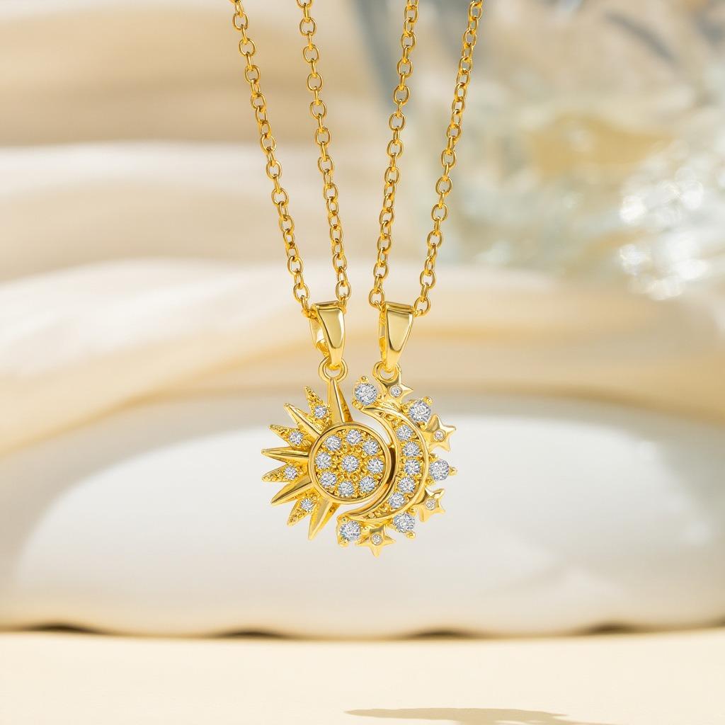 Sun and Moon Magnetic Pendant Necklace for Women, Nickel-Free Copper, Lightweight & Comfortable, Elegant Jewelry Gift for Party, Love & Back to School