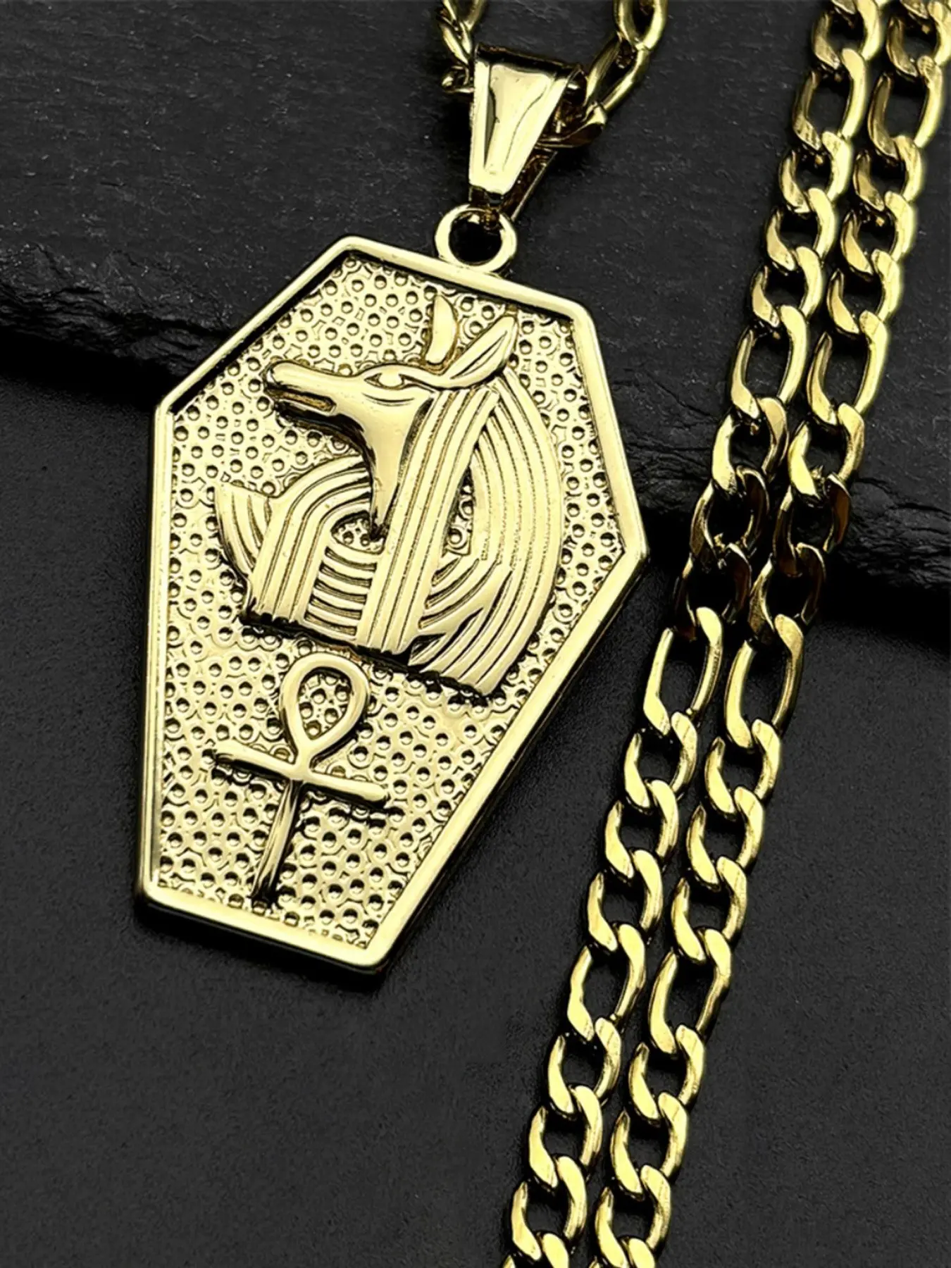Anubis Egyptian Ankh Cross Symbol Stainless Steel Fashion Jewelry Pendant Necklace for Women Men Gold Color Coffin Shaped Necklace Jewelry