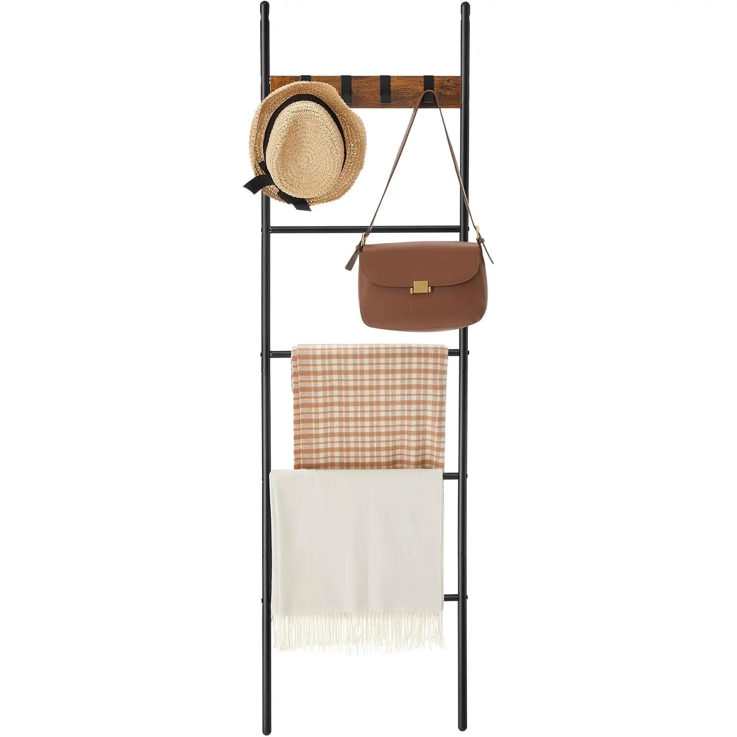 VASAGLE Blanket Ladder, 5-Tier Shelf, Metal Frame, 4 Removable Hooks | Decorative Ladder, Industrial Style, Rustic Brown and Black, BARNET Collection ULLS016B01V1S