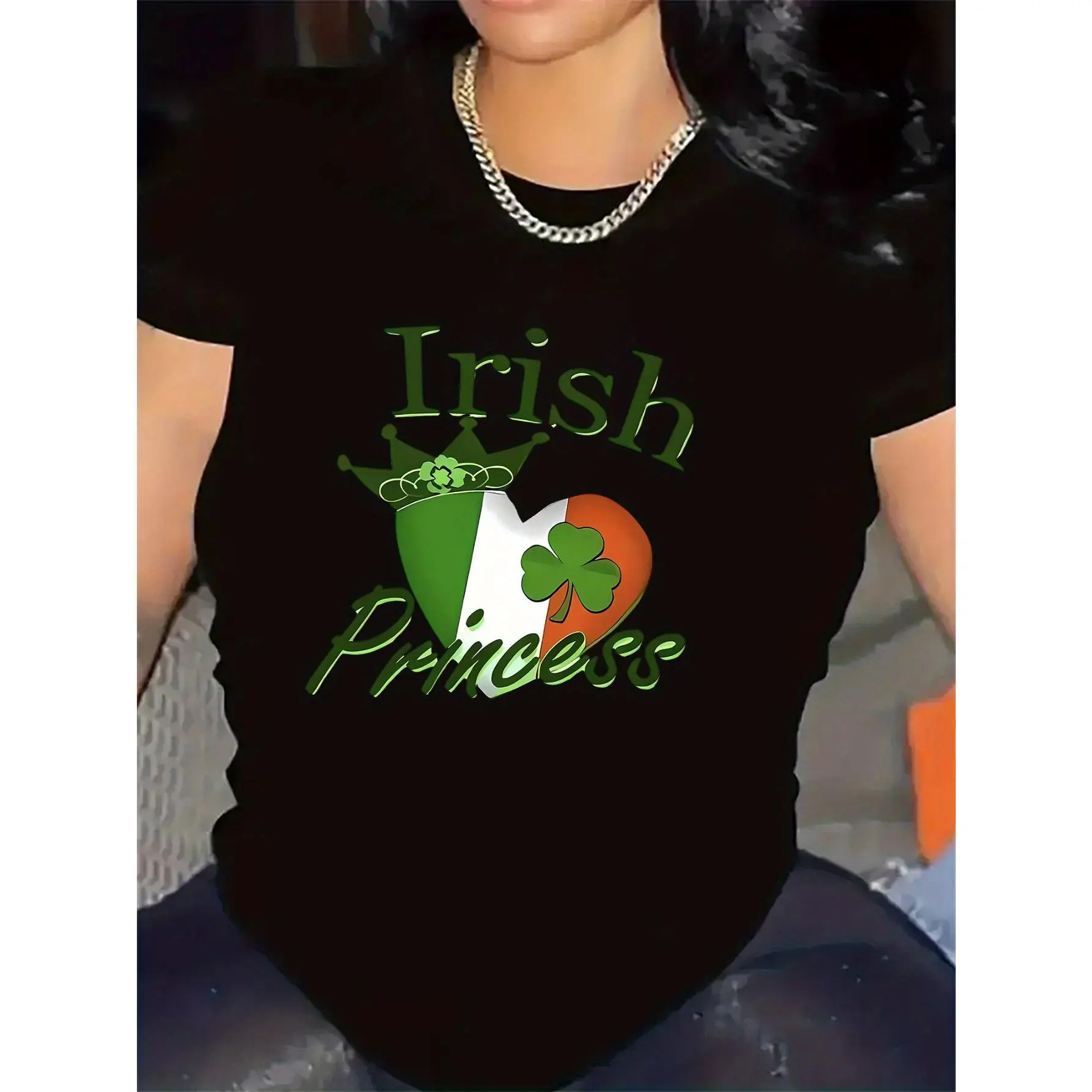 Women'S Irish Princess Graphic T-Shirt - Black with Green & White Clover Design, "Irish Princess" Text, and Shamrock Accents, Durable Polyester Fabric for Casual Wear, Home, Office, or Outdoor Use, Irish T Shirt