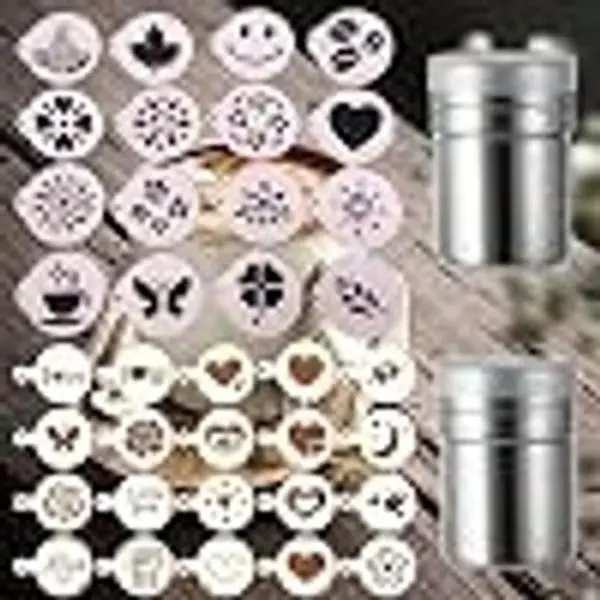 36 Coffee Stencils + 2 Mesh Powder Shakers Cake Baking Coffee Art Templates Coffee Decoration Mold Tool for Christmas Thanksgiving Cake Coffee Cappuccino