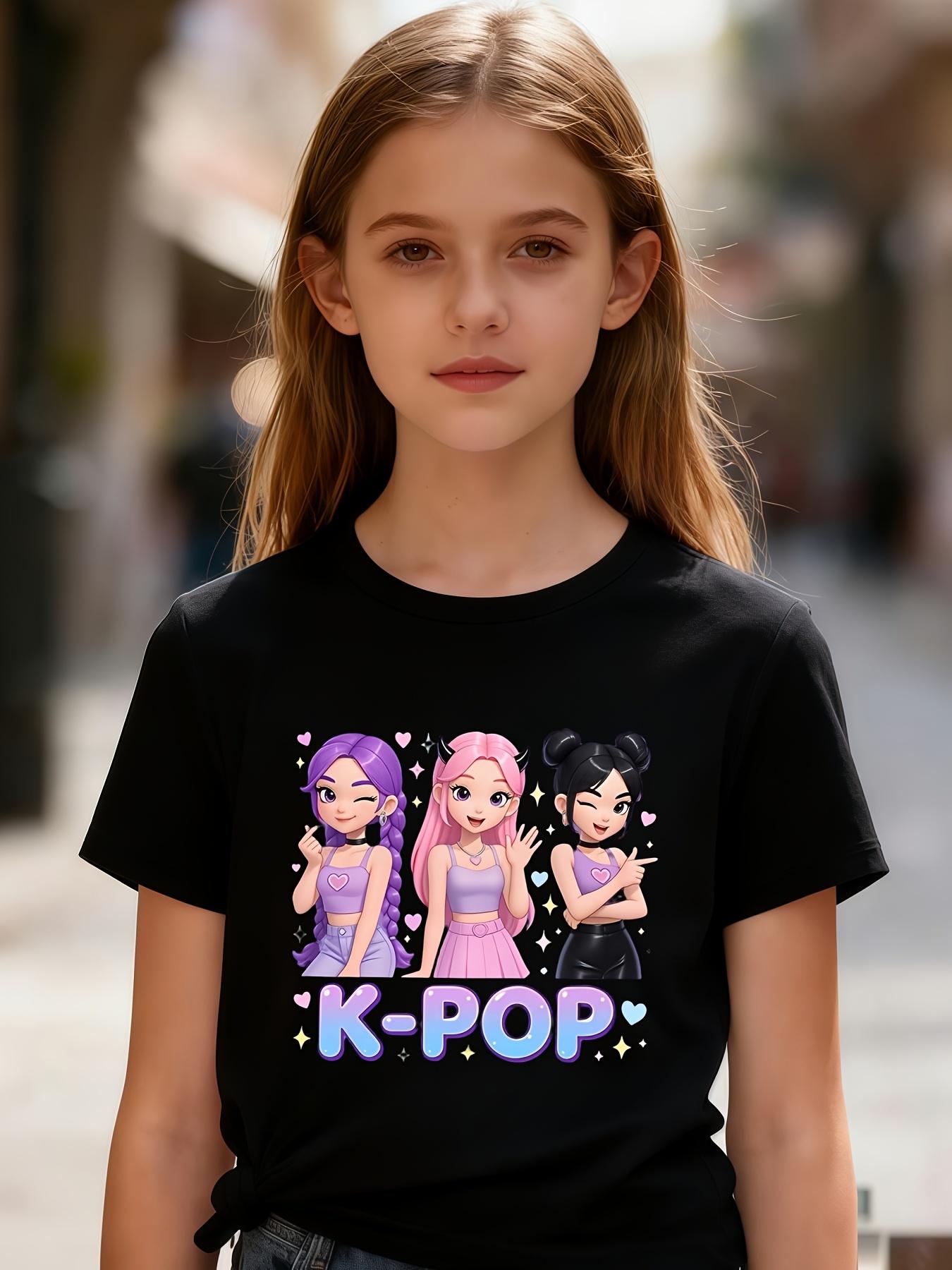 1[K-POP Girls' T-shirt] 1pc Girls' Summer Short-sleeved "K-POP Playful Girl" Cartoon Print T-shirt - Fashionable, Comfortable, Casual Trendy Item, Stylish Outfit