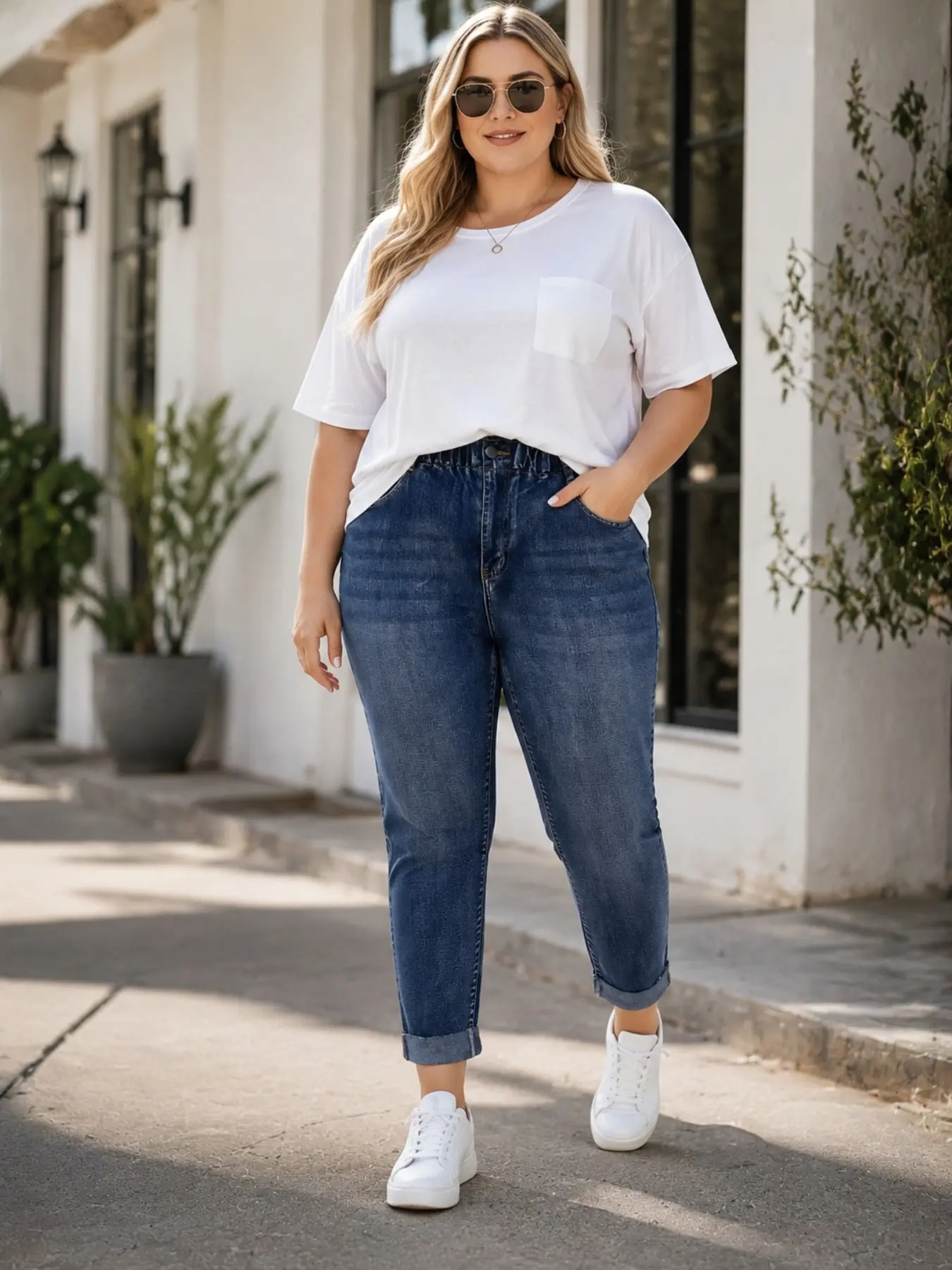 Women's Plus Size Elastic Waist Nine-Inch Jeans, Comfortable Stretchy Loose Fit, Baggy Loose Jeans, Casual Button Fly Denim Jeans, All Seasons Wear