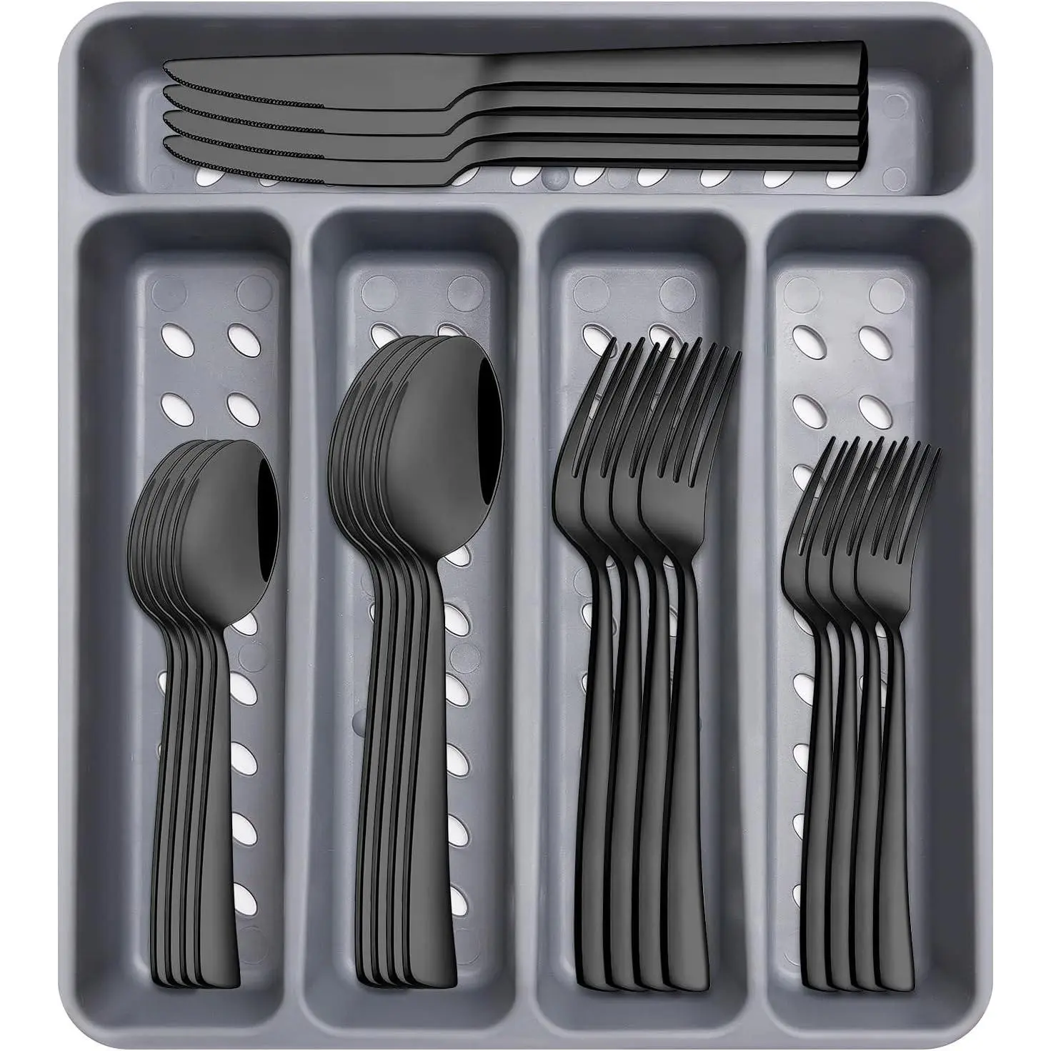 21-Piece Matte Black Silverware Set with Organizer, 18/0 Stainless Steel Flatware Set for 4 - Forks, Spoons, KnivesGift