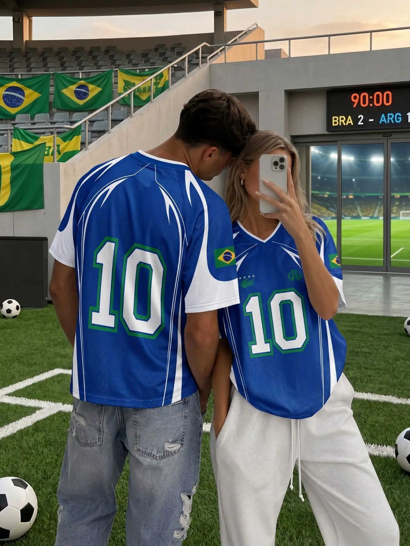Polyester Couple Brazil National Soccer Jersey, Unisex V Neck Short Sleeve Football Tee, Blue White Raglan Panel With Brazil Flag Badge & Number 10 Front Back Print, Loose Vintage Matching Sports Tops For Match Day Couple Street Outfits
