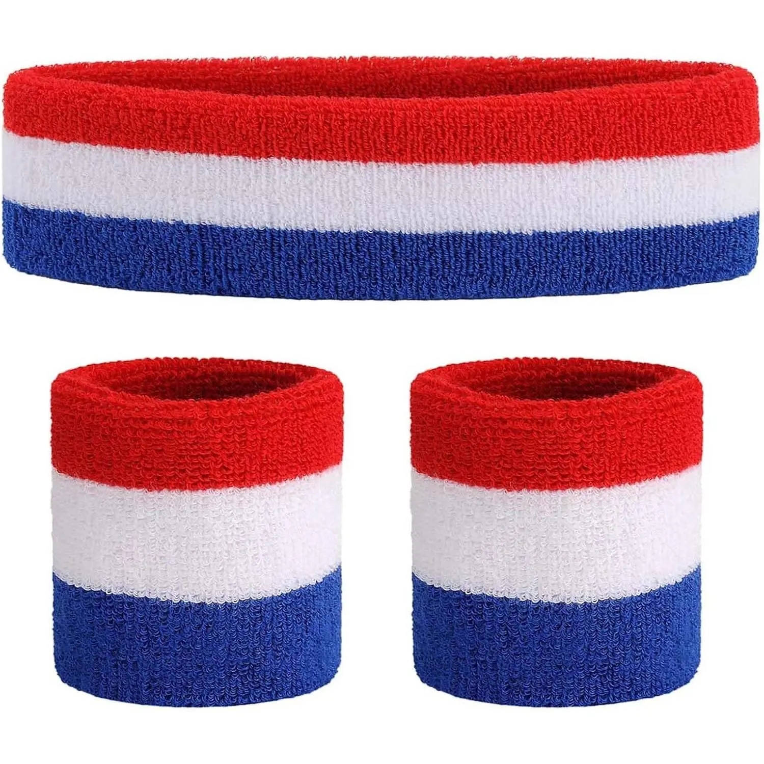 Sports Sweatband Set - Terry Cloth Headband and Wristbands, Moisture Wicking Sweat Absorbing Workout Head Band