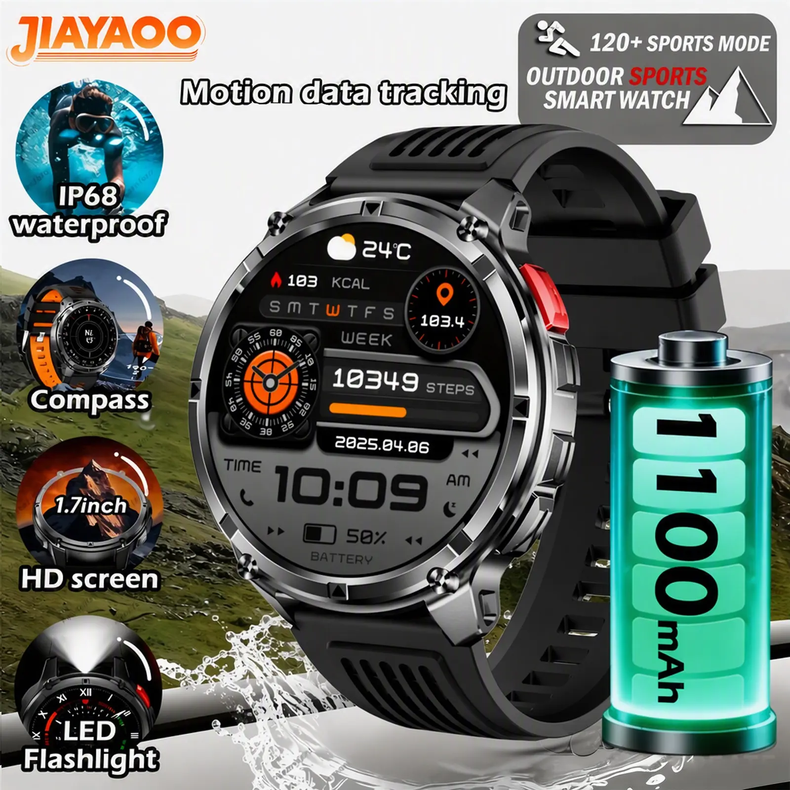 1.7-inch 1100mAh outdoor round high-definition large screen smart watch, Workout watch, fitness tracker, wireless phone call, exercise pedometer, 100+exercise mode, IP68 waterproof, long battery life, LED lighting, suitable for Android/iOS, perfect gift
