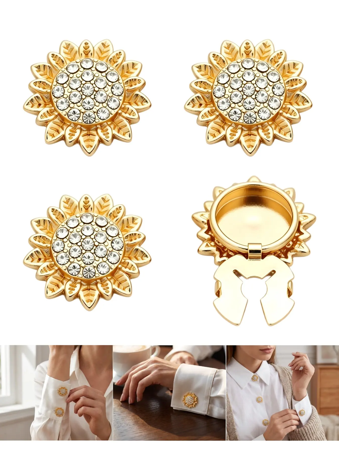 4PCS Sunflower Shape Button Covers with Rhinestone Design, Clip-On Shirt Button Covers, Detachable Reusable Cuff Button Accessories, DIY Fashion Clothing Decorations for Shirts, Pants, Skirts and Holiday Outfits