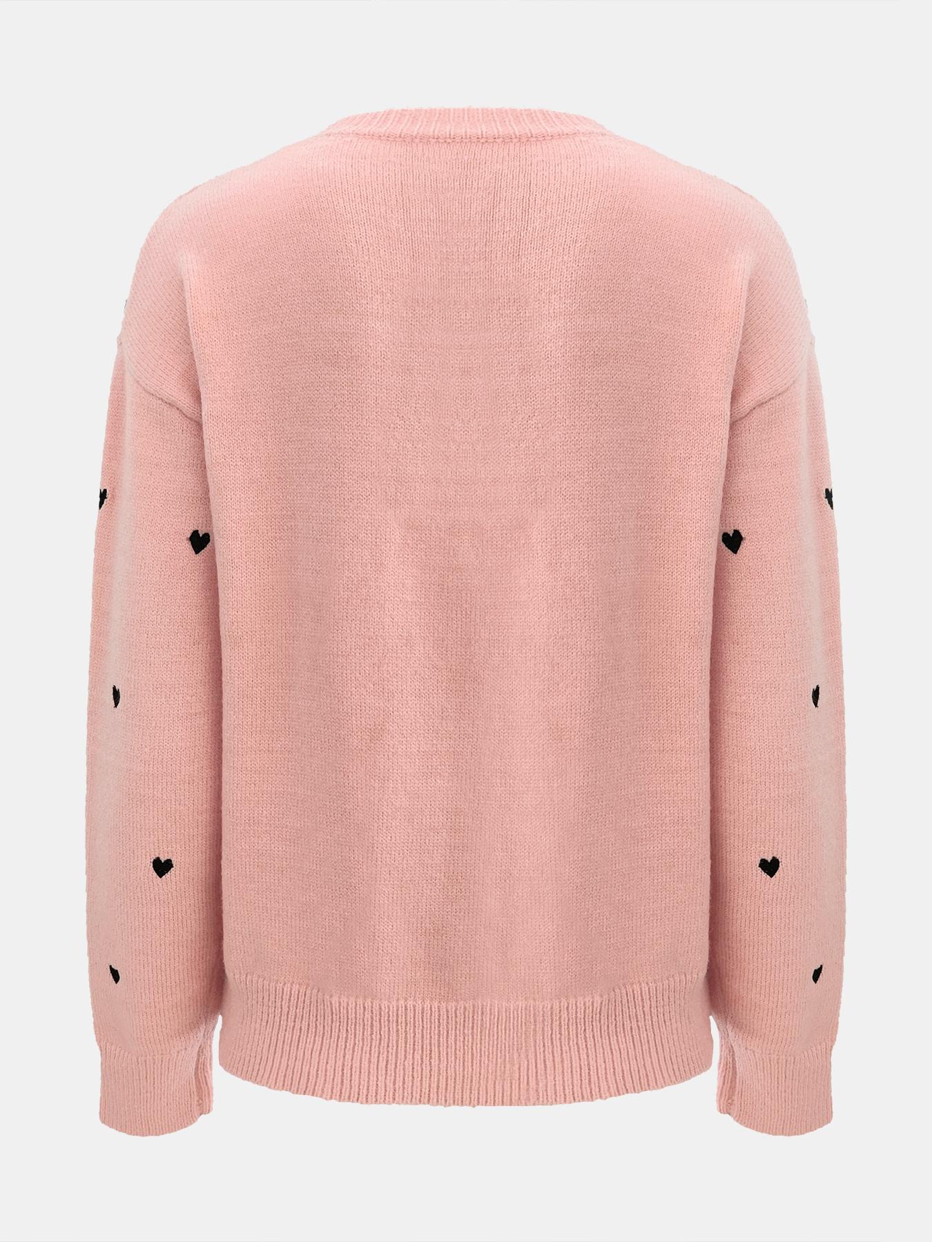 Women's Heart Embroidery Drop Shoulder Sweater, Casual Long Sleeve Round Neck Jumper for Fall & Winter, Fashion Ladies' Knitwear for Daily Wear