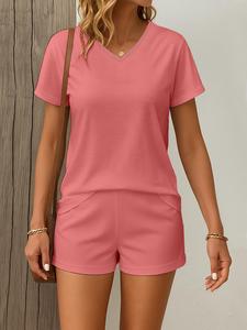 two-piece set women's solid color v neck tee & shorts, basic casual short sleeve t-shirt & shorts for spring & fall, ladies clothes for daily wear, pajama, womenswear