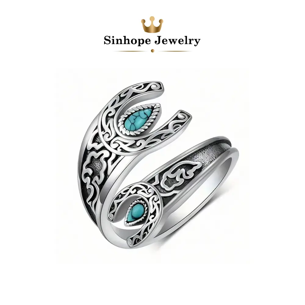 Turquoise Ring for Women, Vintage Boho Open Adjustable Ring, Western Tribal Jewelry, Silver Plated Statement Ring with Turquoise Stone, Antique Ethnic Style Fashion Jewelry, Retro Gypsy Ring Gift for Her Birthday Anniversary