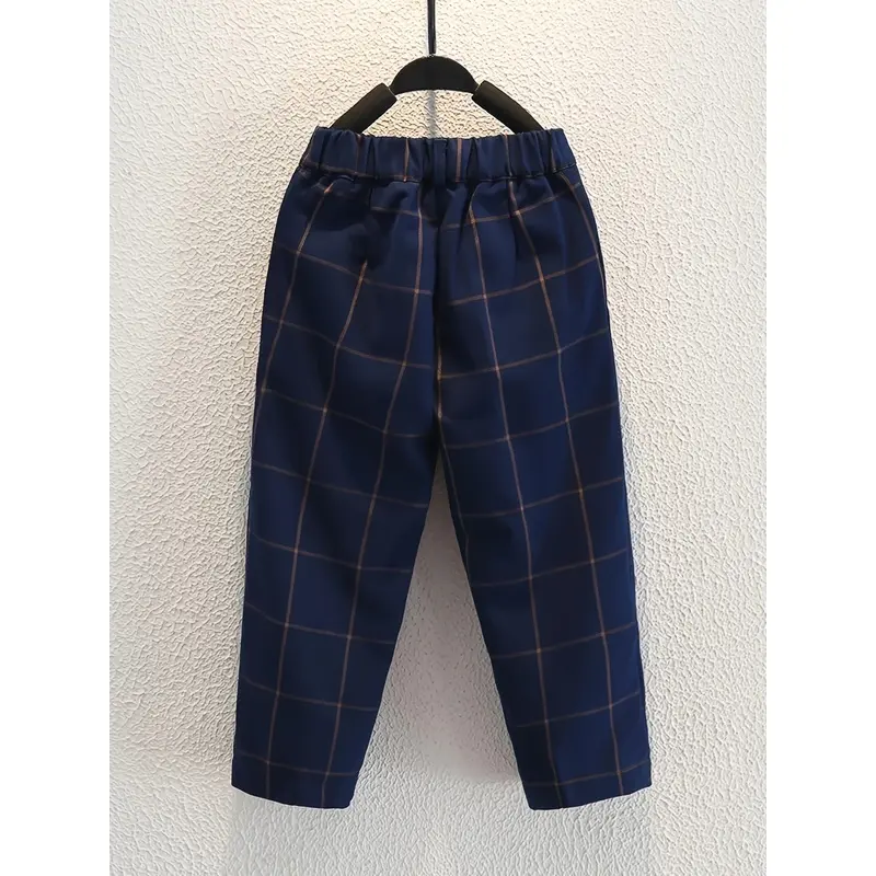 Spring and Autumn College Style Boys' Suit Pants, Non-Iron Children's School Pants, British Style Performance Children's Suit Pants, Plaid Navy Blue