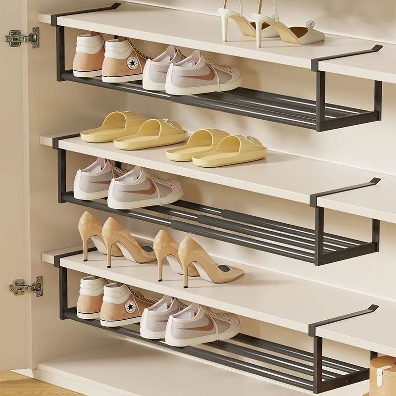 1pc Extendable Shoe Rack, Sturdy Carbon Steel Material, Telescopic Multi-Layer Shoe Organizer with No-Drill Hanging Shelf, Space-Saving Essential, Utility Racks