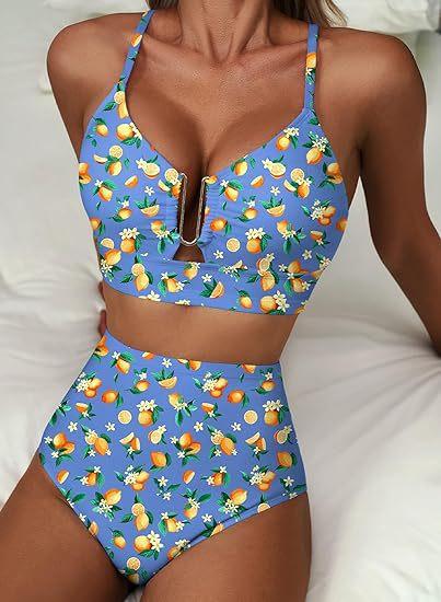 2026 New Women's Green Checkered Print Fashion Sexy High Waist Belly Cinched Bikini Beachwear