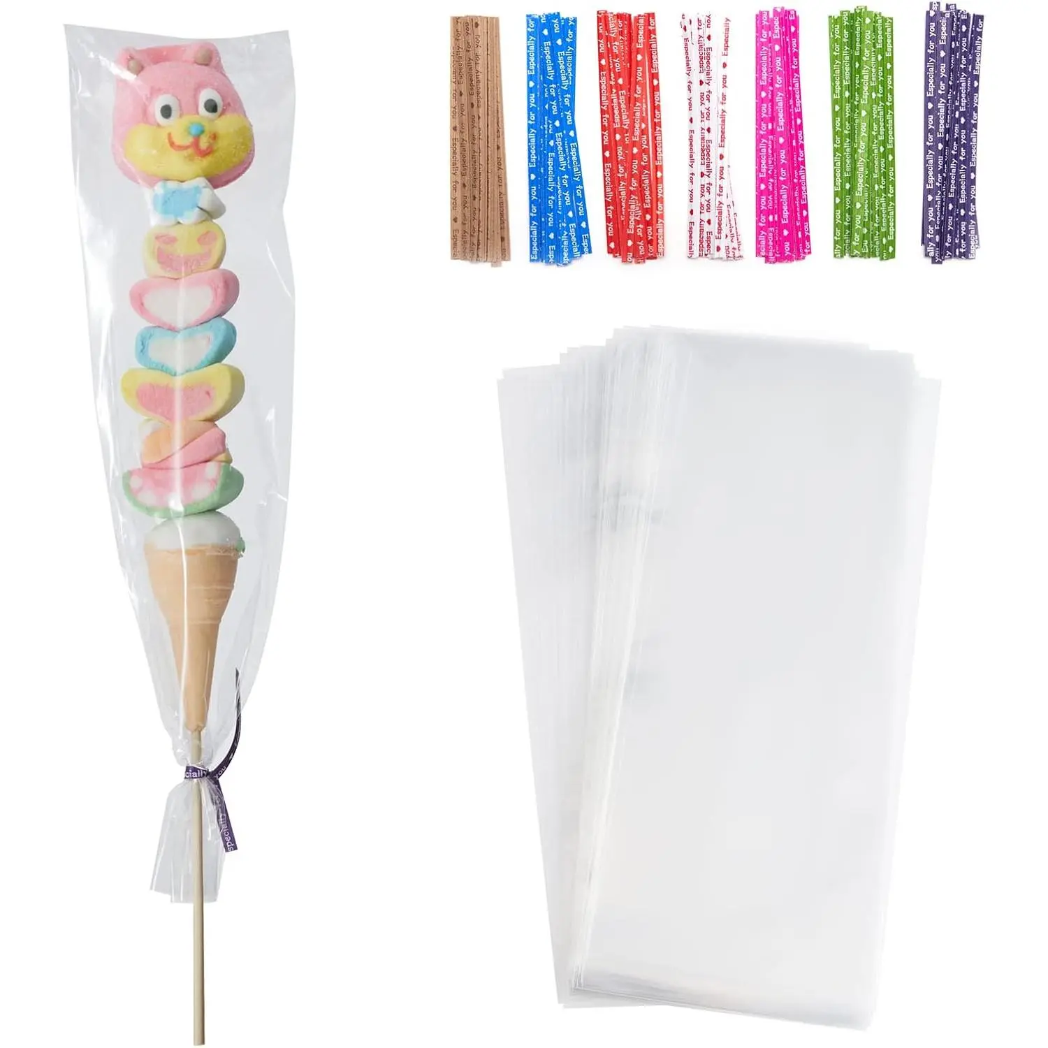 100 count 4x11 Inch Clear Long Cello Cellophane  Bags with 7 Mix Colors Twist Ties  for Birthday Favor Candles Pretzel Icy Candy Popsicle