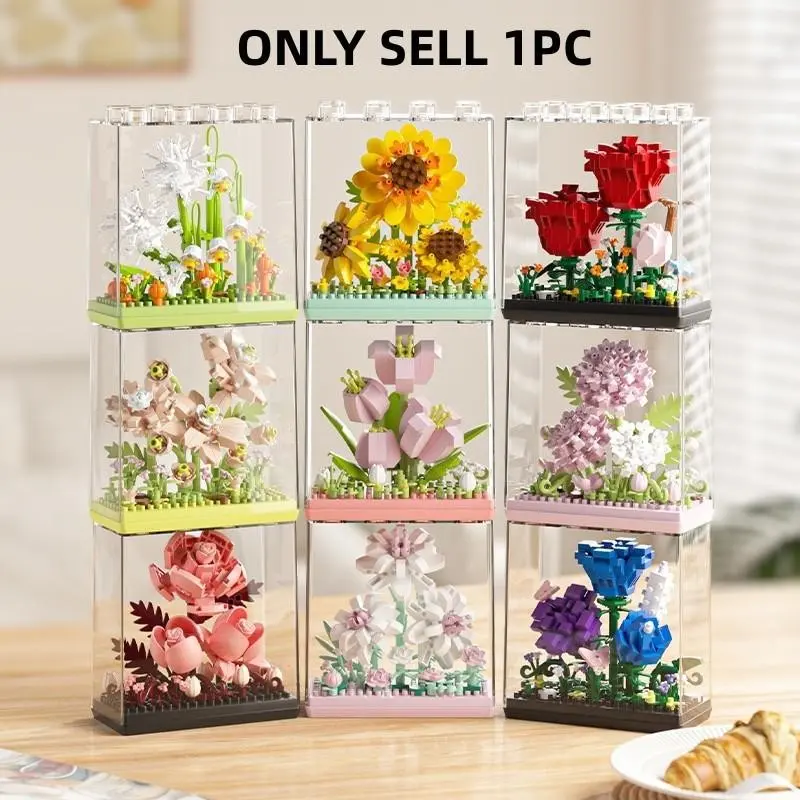 300pcs DIY Building Blocks Set with Display Box, Interlocking Building Block, Mini Flower Bouquet Toy, Perfect Gift for Valentine's Day, Christmas, Birthday