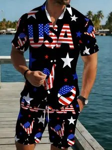 Men's Short Sleeve Shirt and Pants Set, American Flag Print, Lightweight Polyester, Casual Outdoor Wear, Beach, Patio, Patriotic Design
