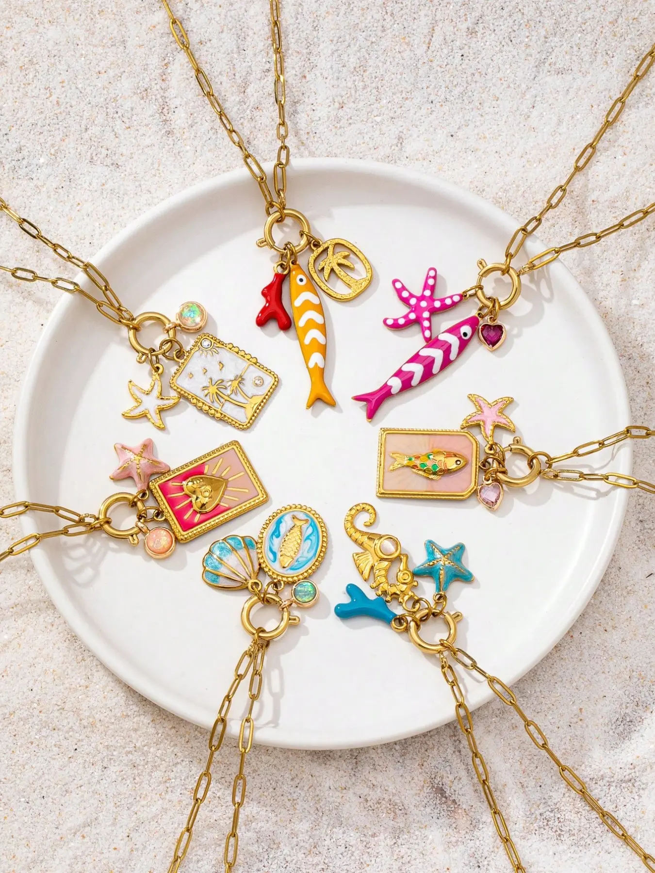 7 Pcs Women's Enamel Fish and Starfish Pendant Necklace, 18k Stainless Steel Chain with Lobster Clasp, Waterproof Summer Jewelry
