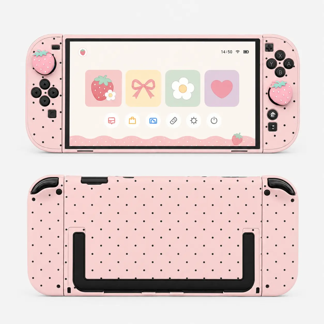 Pink Polka Dot Protective Case for Switch2, Gaming Console Accessories with Built-In Stand, 2 Strawberry Thumb Grip Caps, Full-Cover Anti-Scratch Shell for Protection