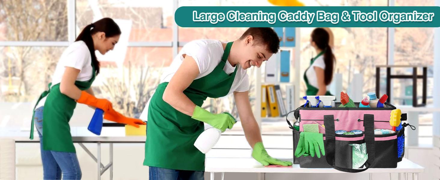 Cleaning Bags for Housekeepers, Large Cleaning Supplies Organizer with Handles & Shoulder Strap, Cleaning Caddy Bag with Foldable Divider for Cleaners, Car Horse Cleaning Bag(Pink)