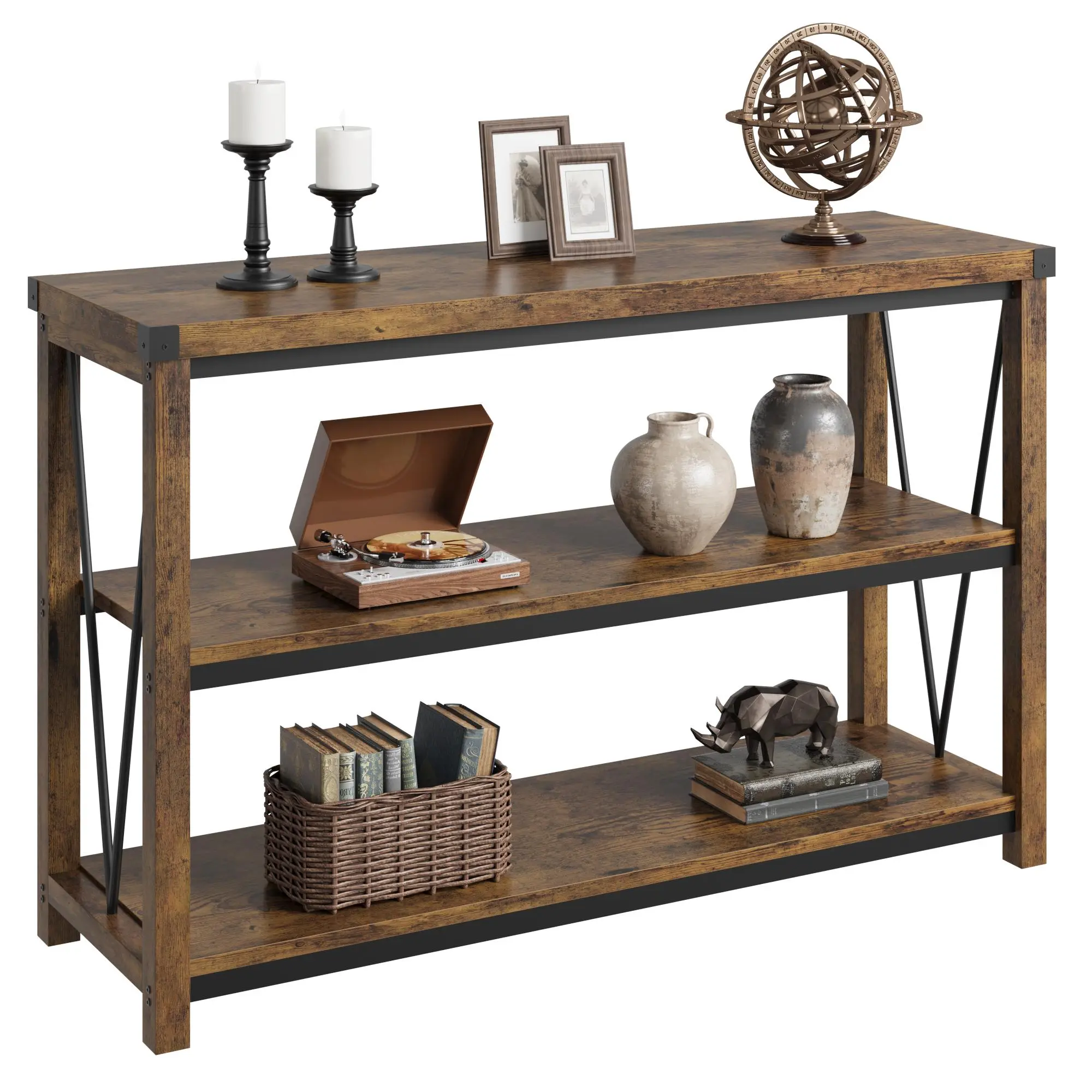 Farmhouse Console Table, 47 Inch Narrow Sofa Table – 3-Tier Wooden Storage – Ideal for Living Room, Entryway, Hallway