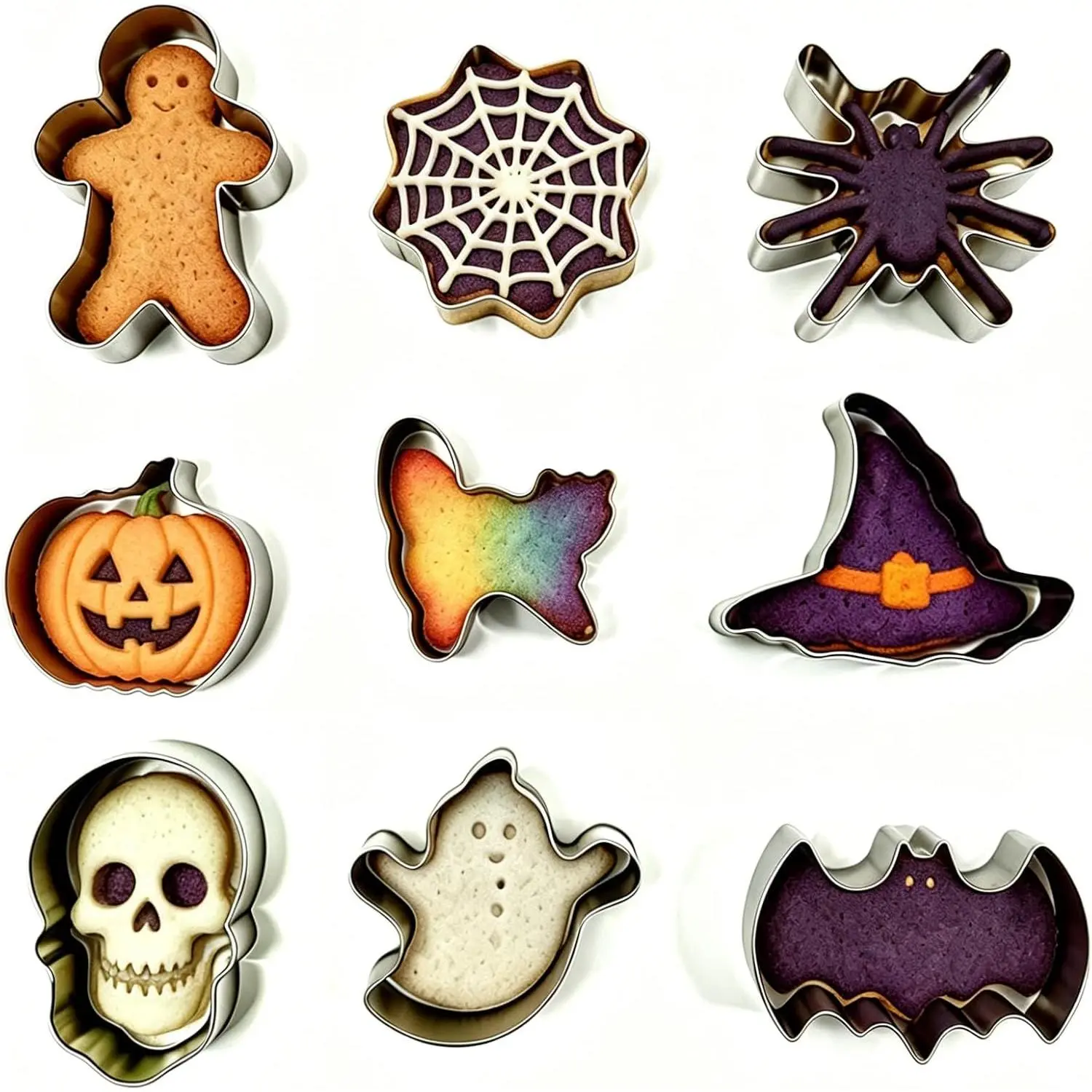 Halloween Cookie Cutters Set, 9 count Stainless Steel Metal Cookie  Shapes - Pumpkin, , Bat, Black ,  Hat, Skull & Spider Web Molds for Holiday Baking, Fondant &  Party