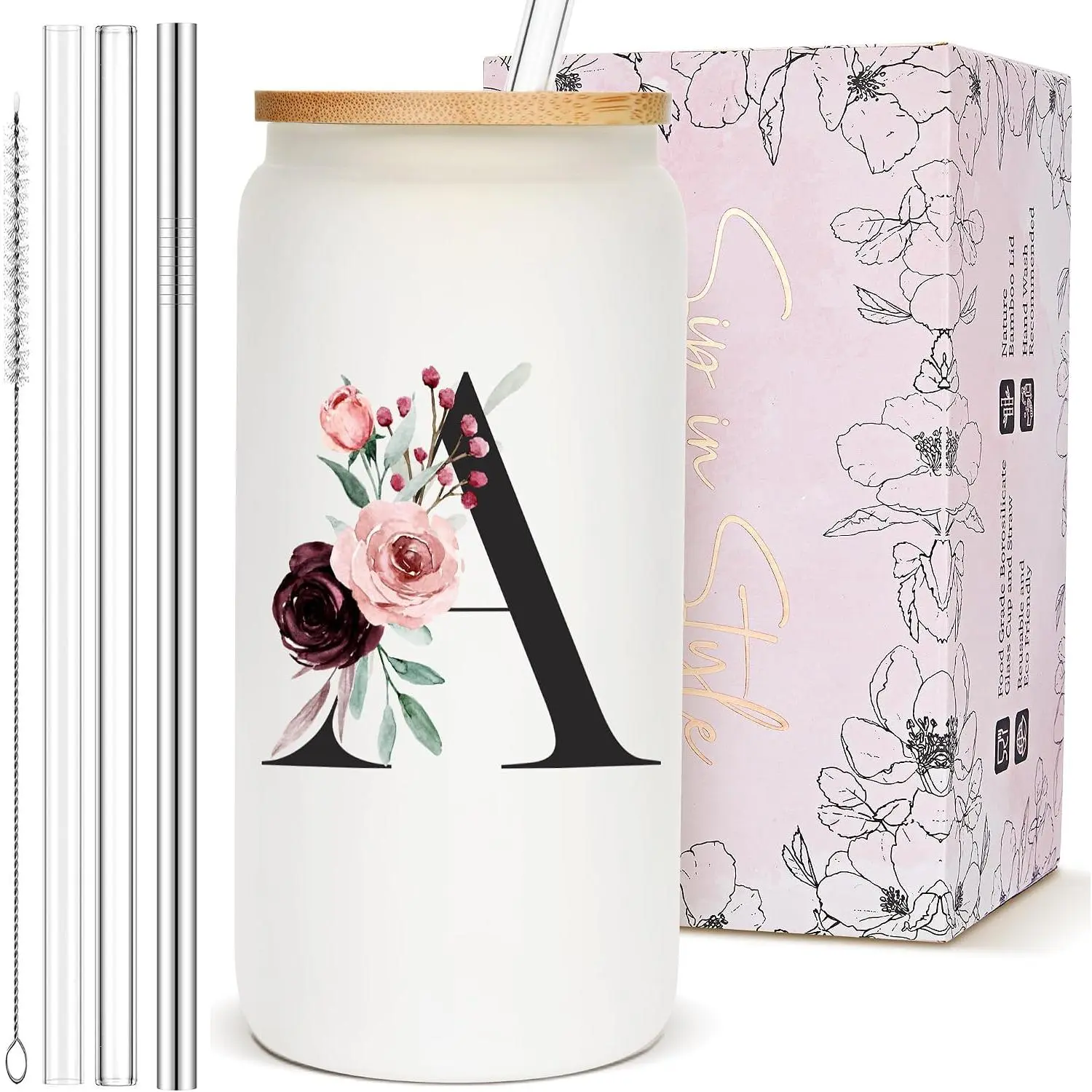 Personalized Customized Gifts for Women, Monogrammed Cute Glass Cup with Lid and Straw, Initial Iced Coffee Cup, Custom Letter Drinking Glasses Tumbler Mug, Christmas Birthday Gifts for Her Sister, A