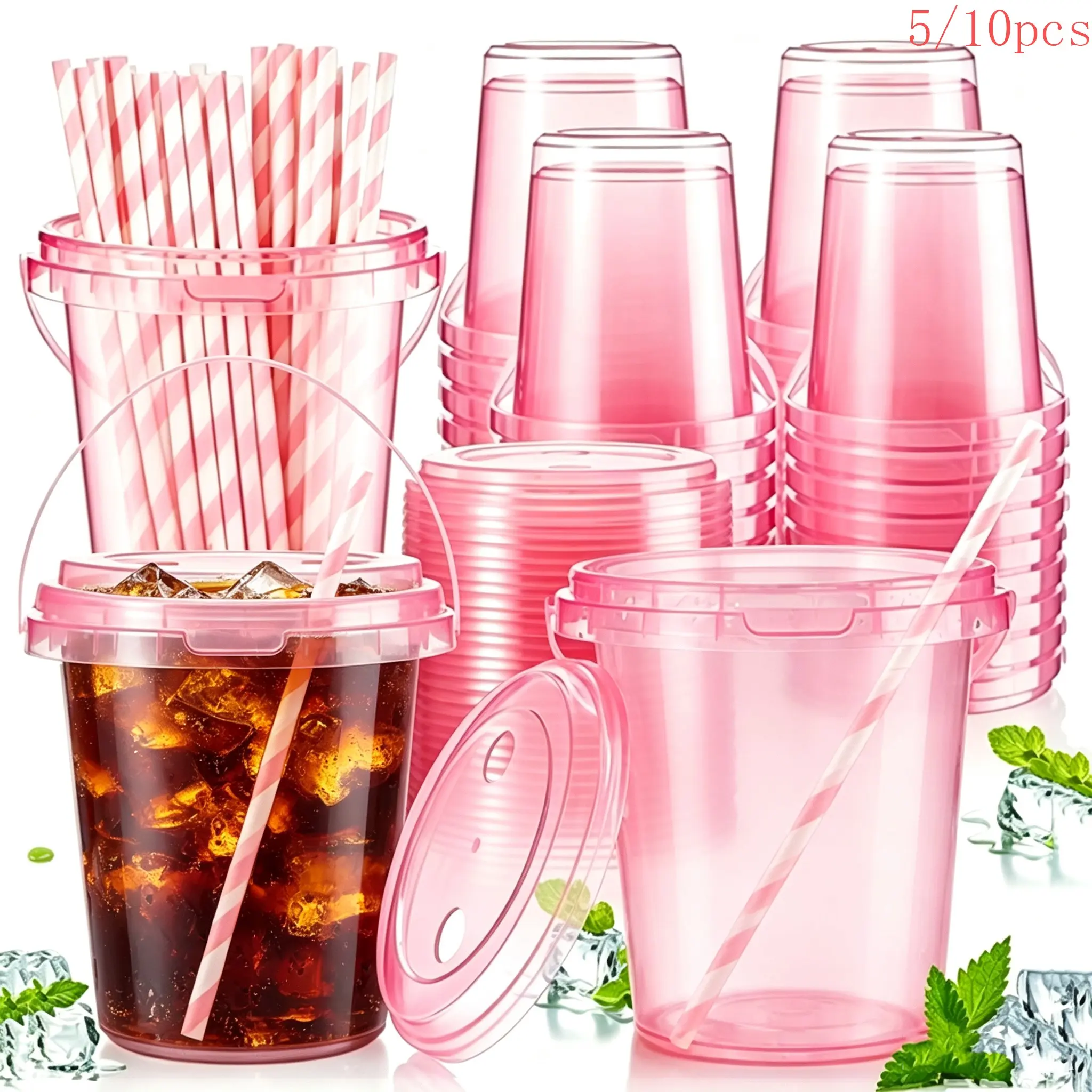 5/10pcs Plastic Water Buckets with Lid, 34oz Reusable Food Fruit Containers, Handle Cup with Straw, Ideal for Ice Cream, Milk Tea, Cocktails