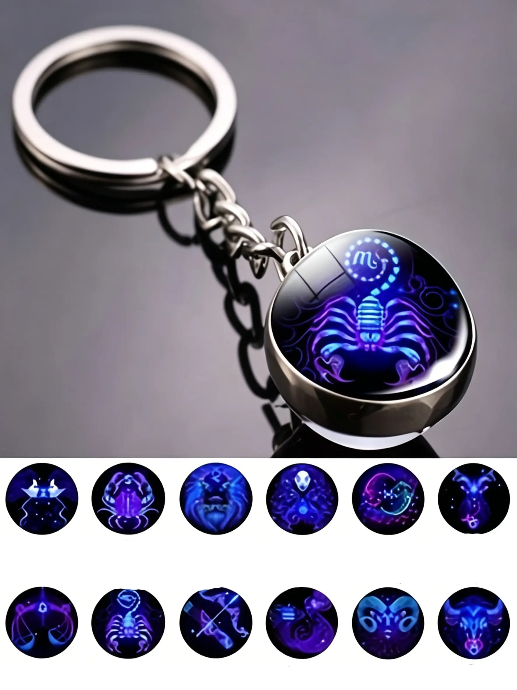 Night Glow Zodiac Keychain, Dual-Sided Convex Round Glass Ball Key Ring, Outdoor Key Holder, Stylish and Functional Accessory, Cool Keychains