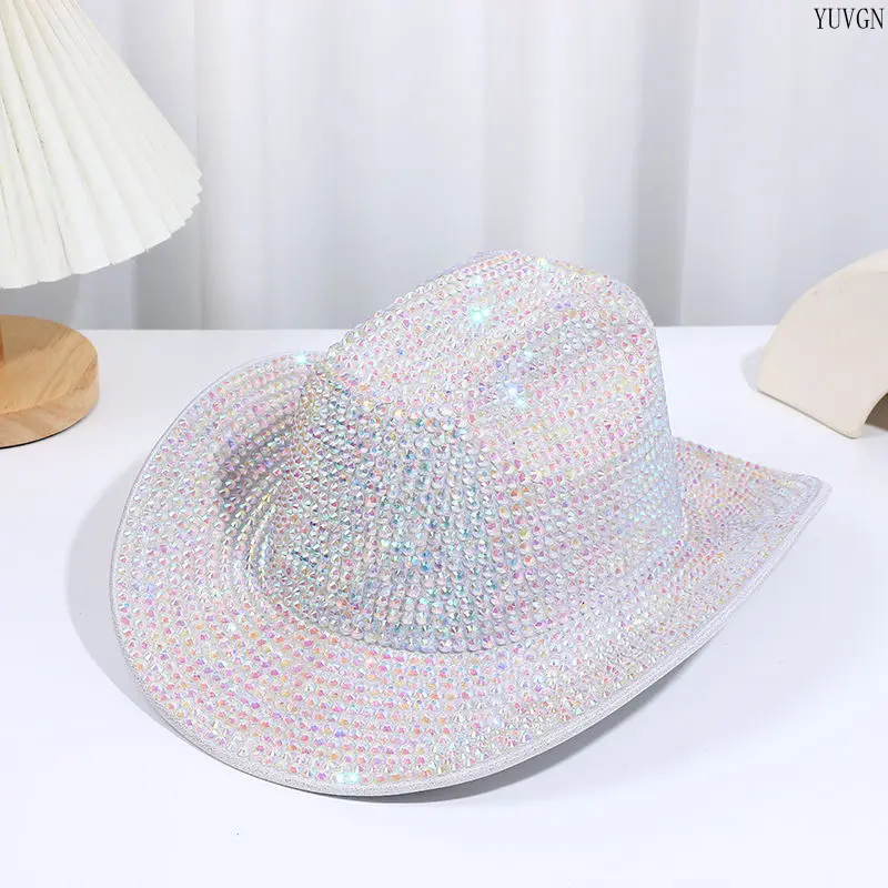 Iriscent Rhinestone Cowboy Hat, Sparkly Wide Brim Unisex Western Accessories, Adjustable Party Wear for Concerts & Festivals, Adjustable Size