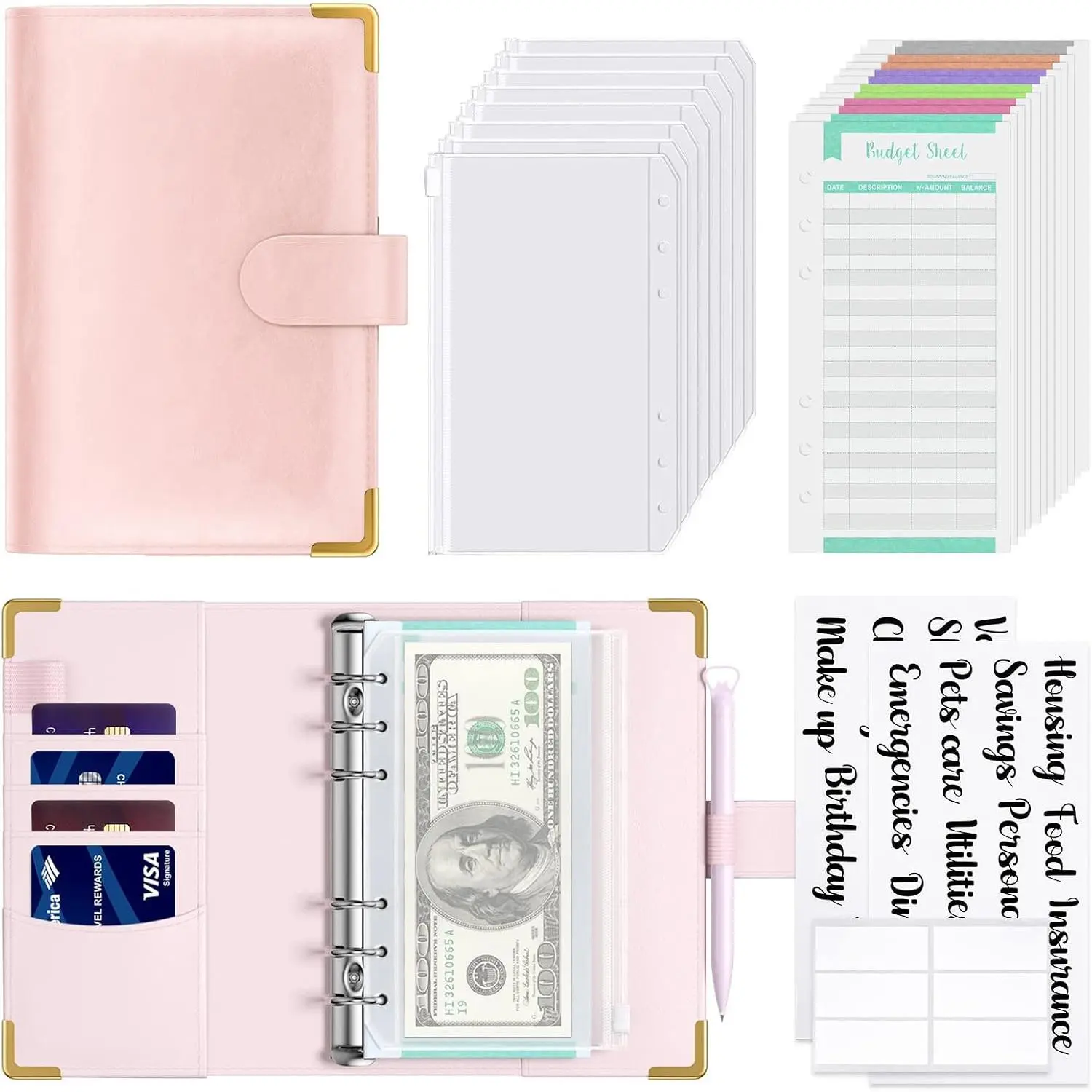 Budget Binder with Zipper Envelopes, A6  Saving Binder  Envelopes for Budgeting, PU Leather Planner  Organizer for  Stuffing Planning, Cute System Wallet for Women Men,