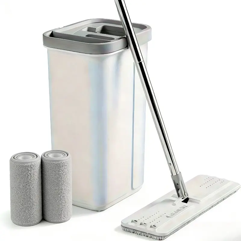 Hand-free mop bucket set (with wringer) | Dual-purpose for dry and wet cleaning | Flat surface cleaning system | Washable microfiber mop cloth | Dust removal and dirt removal | Suitable for various floors and windows | Household cleaning tool