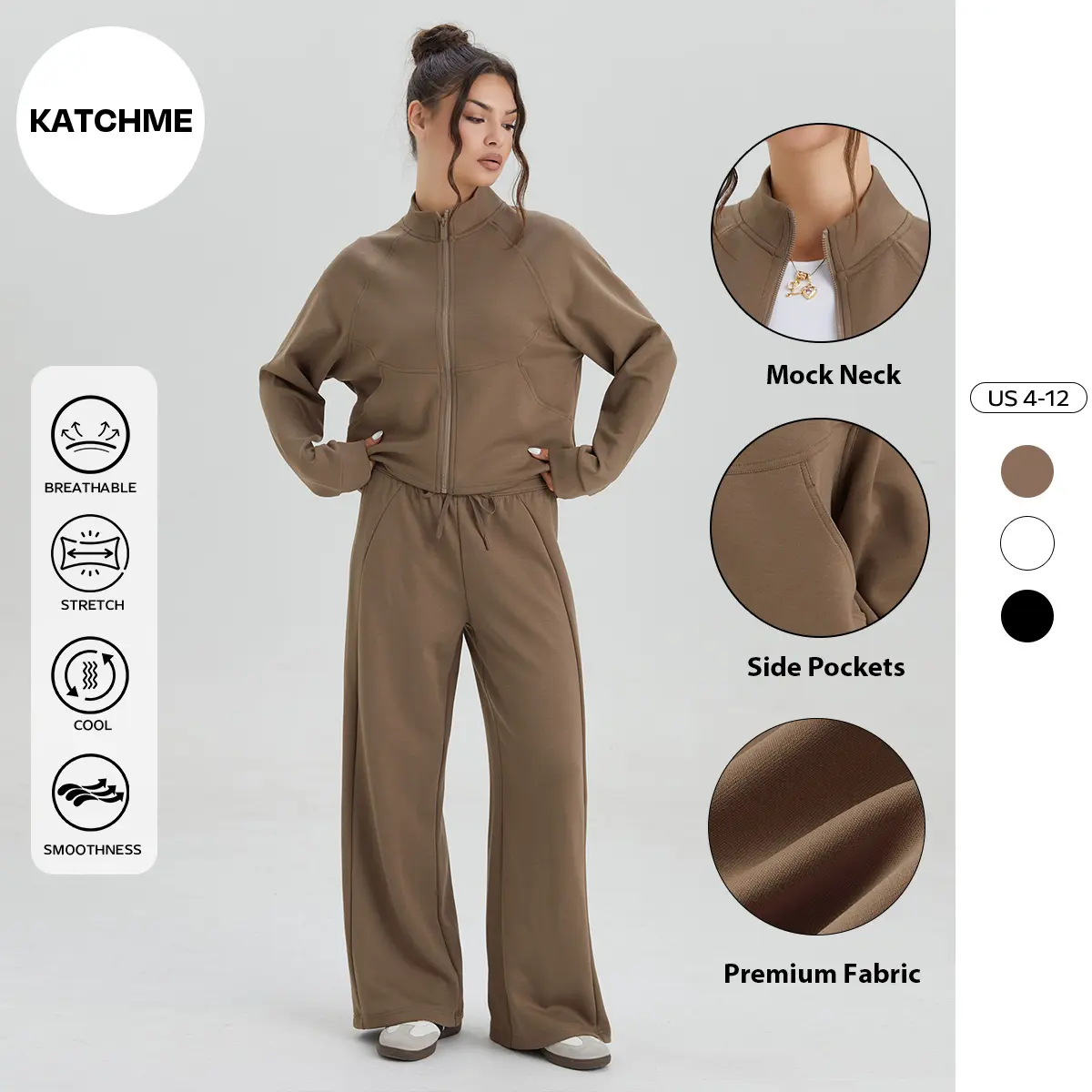 KatchMe Women's Casual Solid Color Mock Neck Long Sleeve Sweatshirt, Mid-Rise Drawstring Vertical Seam Wide Leg Trousers, Stretch Fall Outfits, Versatile Tracksuit