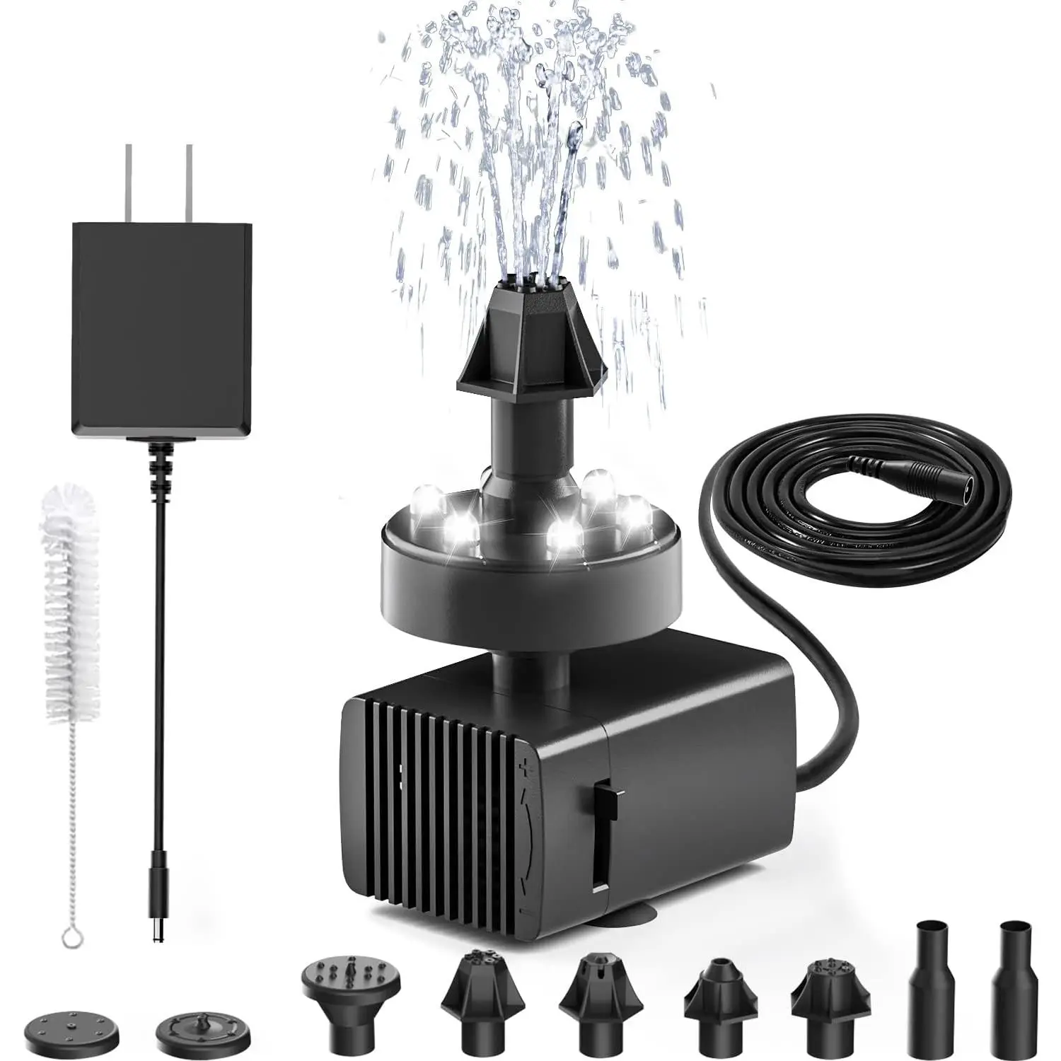 Working Bird Bath Fountains Plug-in,  Adjustable DC 12V Water Fountain Pump with LED Light for Birdbath, Garden, Small Fish , Pond,16.4Ft Power Cord, Adapter Included(White)