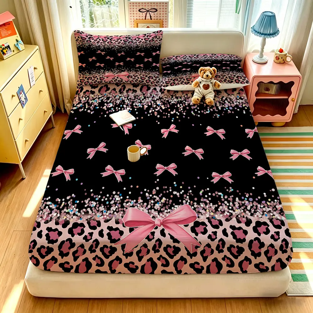 3pcs Pink Bow Black Pink Gradient Leopard Print Fitted Sheet Set, 1 Fitted Sheet + 2 Pillowcases, No Core, Soft Comfortable Bedspread, Deep Pocket, Suitable for All Rooms, Leopard Print Bedding, Bedsheet Set, Soft Comfy Bedding