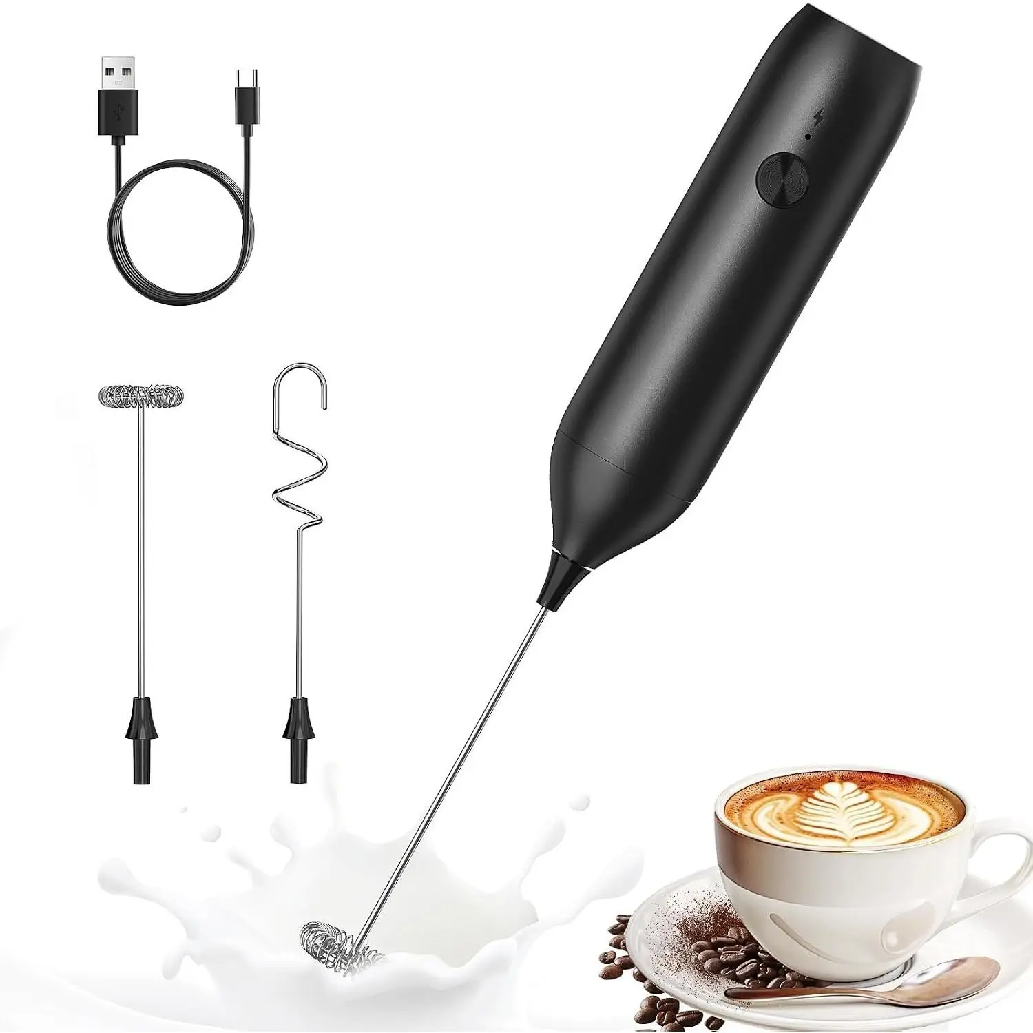 Rechargeable Milk Frother Handheld,  USB-C | Electric  Maker with Stainless Steel Whisk, Portable Hand Wand Drink Mixer for Coffee Matcha Lattes Cappuccino
