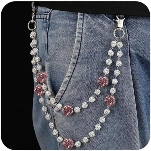 Hop Wallet Chain for Men Jeans Pocket Belt Layered Chain Disco Rhinestone Beads Baseball Drip Punk  Gifts Goth Accessories for Men