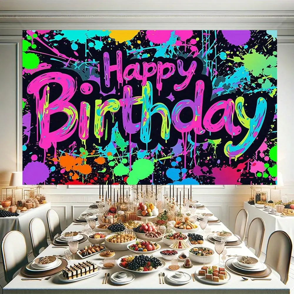 Large 1-Piece 2D Flat Colorful Splash Paint Polyester Happy Birthday Photography Backdrop (39.3x59in/100cmx150cm) - HD Digitally Printed, Soft, Lightweight, Foldable Sheet for Birthday Parties, Portrait Shoots
