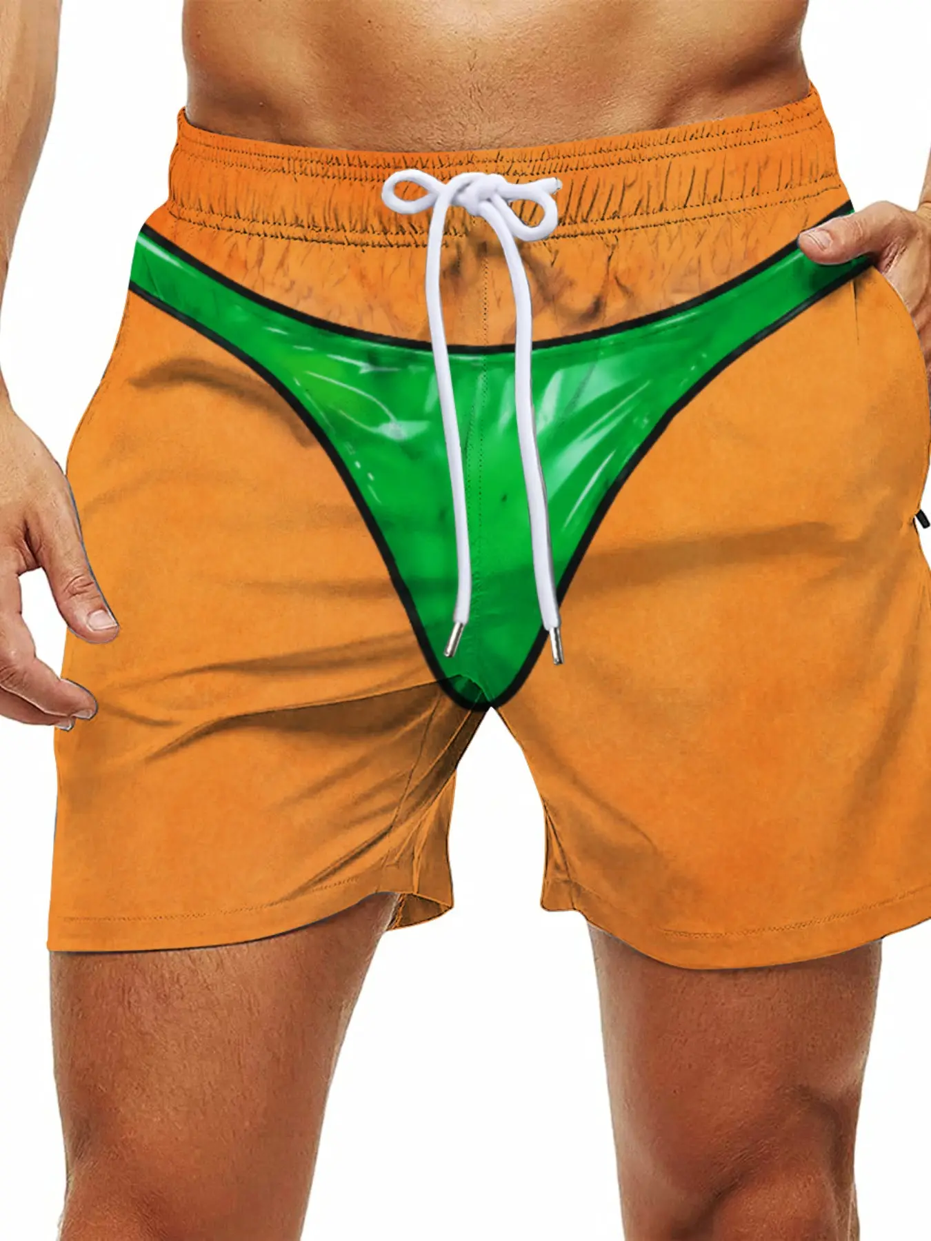 Funny Visual Fake Two-Piece Printed Men's Beach Shorts, Summer Beach Trunks, Wild Print Quick-Dry Surfing Five-Quarter Short Pants, Casual Loose-Fitting