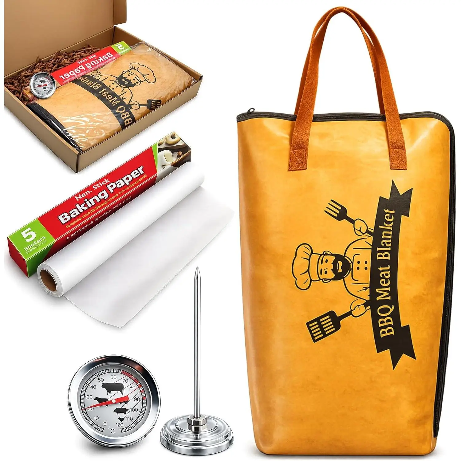 21inch BBQ Blanket for Resting Meat |  Insulated  Bag for Turkey/Large Beef or Pork | BBQ Blanket Set with Stainless  Thermometer   Paper- for Men BBQ Lovers
