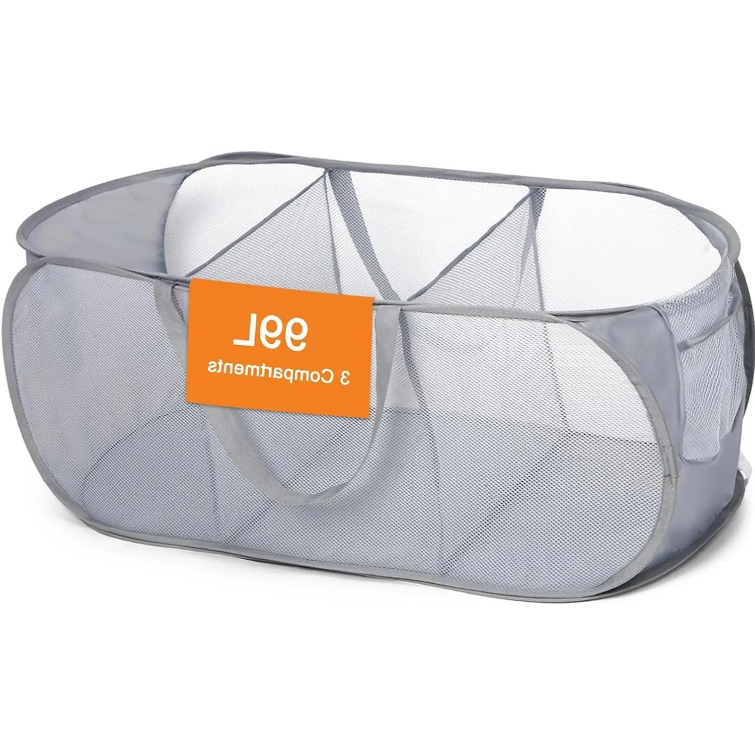 Collapsible Foldable Pop Up Laundry Hamper with 3 Compartments, Handy Pocket, Sturdy Clothes Sorter for Dorm, Kids Room, Travel - GreyGift