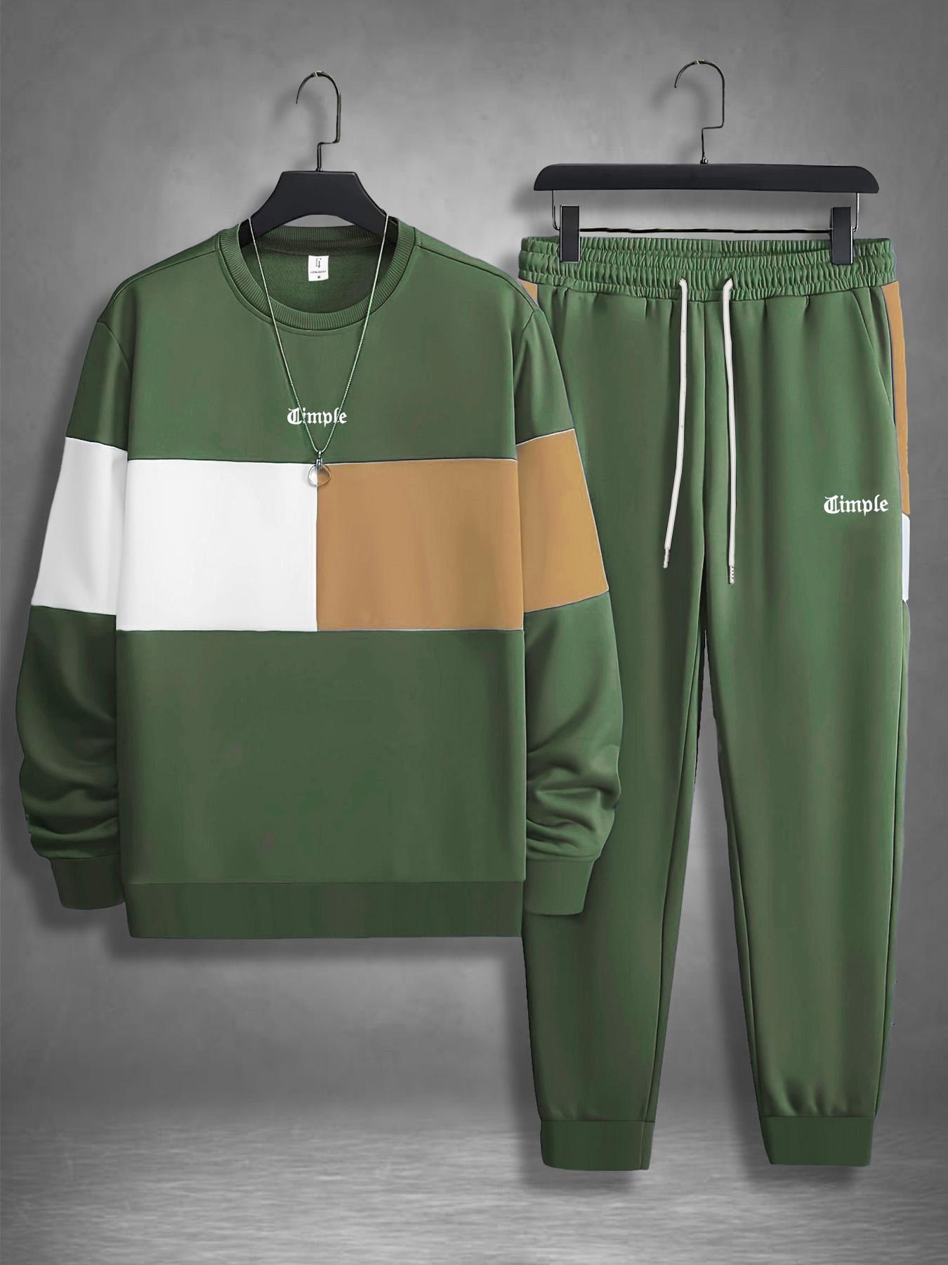 Men's Colorblock Print Sweatshirt & Pants Loungewear Two-piece Set, Casual Comfy Long Sleeve Pullover & Jogger Pants, Men's Sleepwear for Spring & Fall, Homewear