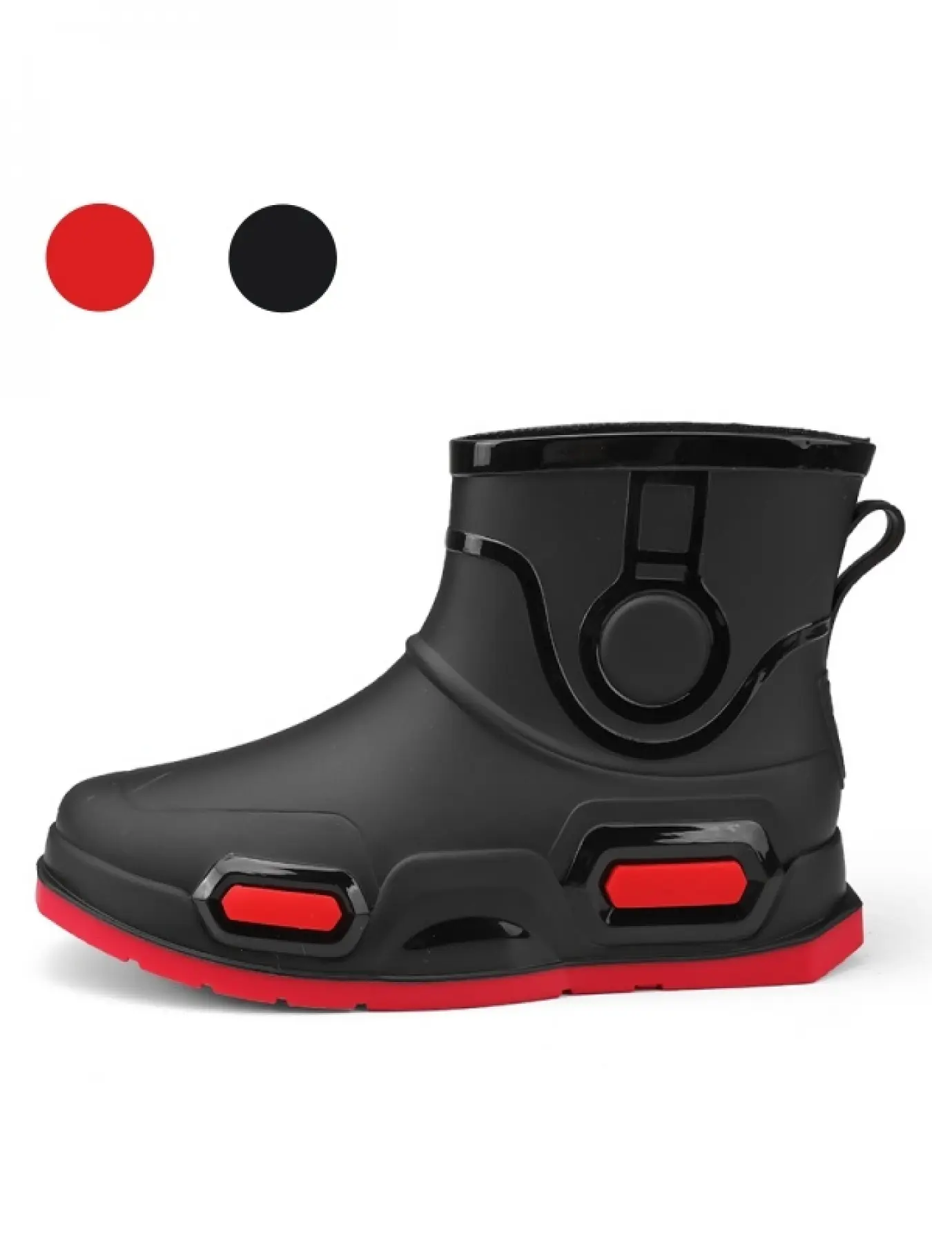 Men's Black & Red Short Waterproof Rain Boots, Thick Non-slip Wear-resistant Outdoor Water Shoes, Waterproof Outdoor Footwear