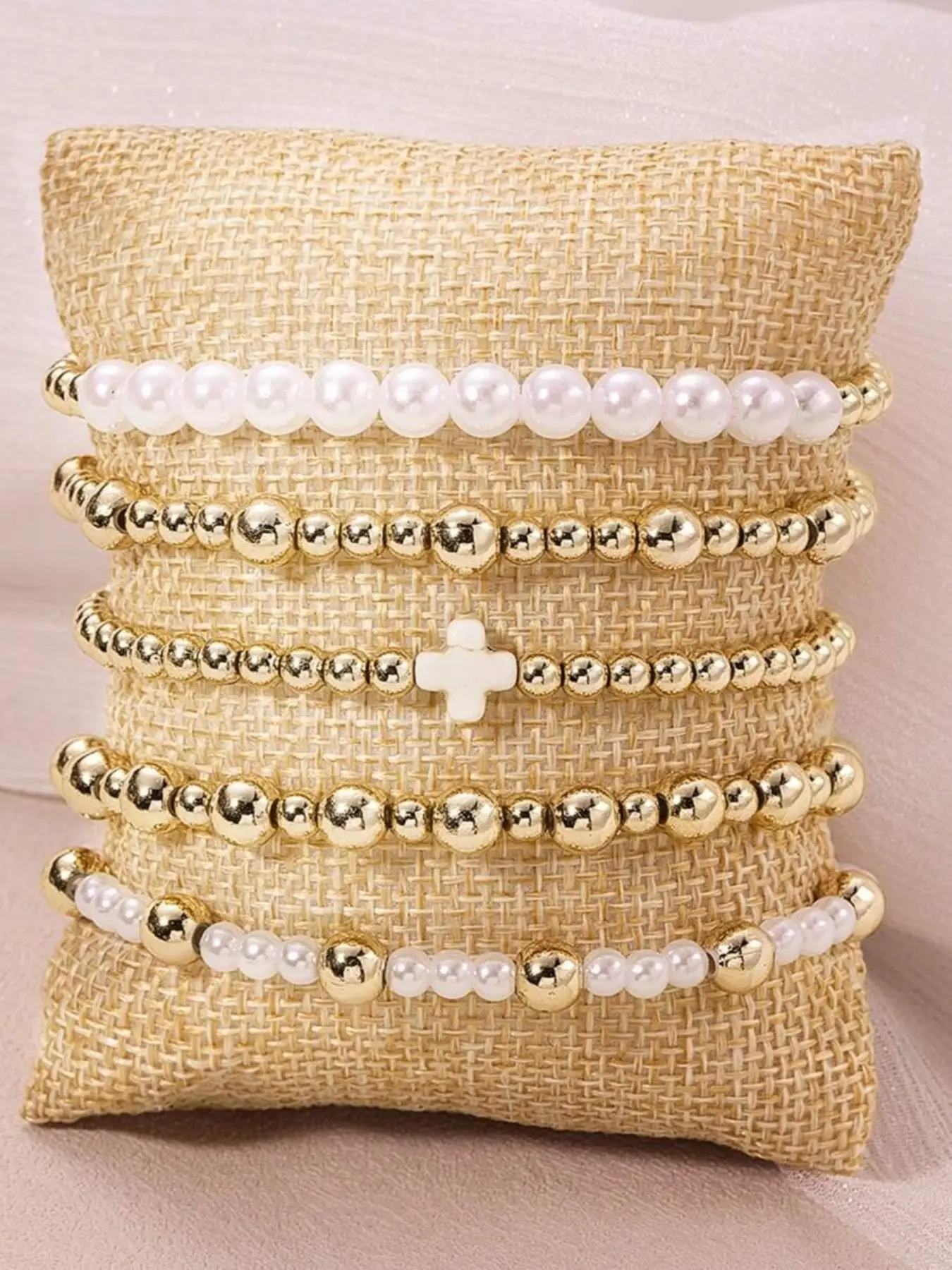 5Pcs/Set Bohemia Golden Beaded Bracelets For Women Faux Pearl Layered Bracelet Combination Set Stackable Bangle Bracelets Stretch Bead Ball Bracelet Cross Jewelry Set Gifts For Woman Teen Girls Valentine's Day Jewelry Gifts