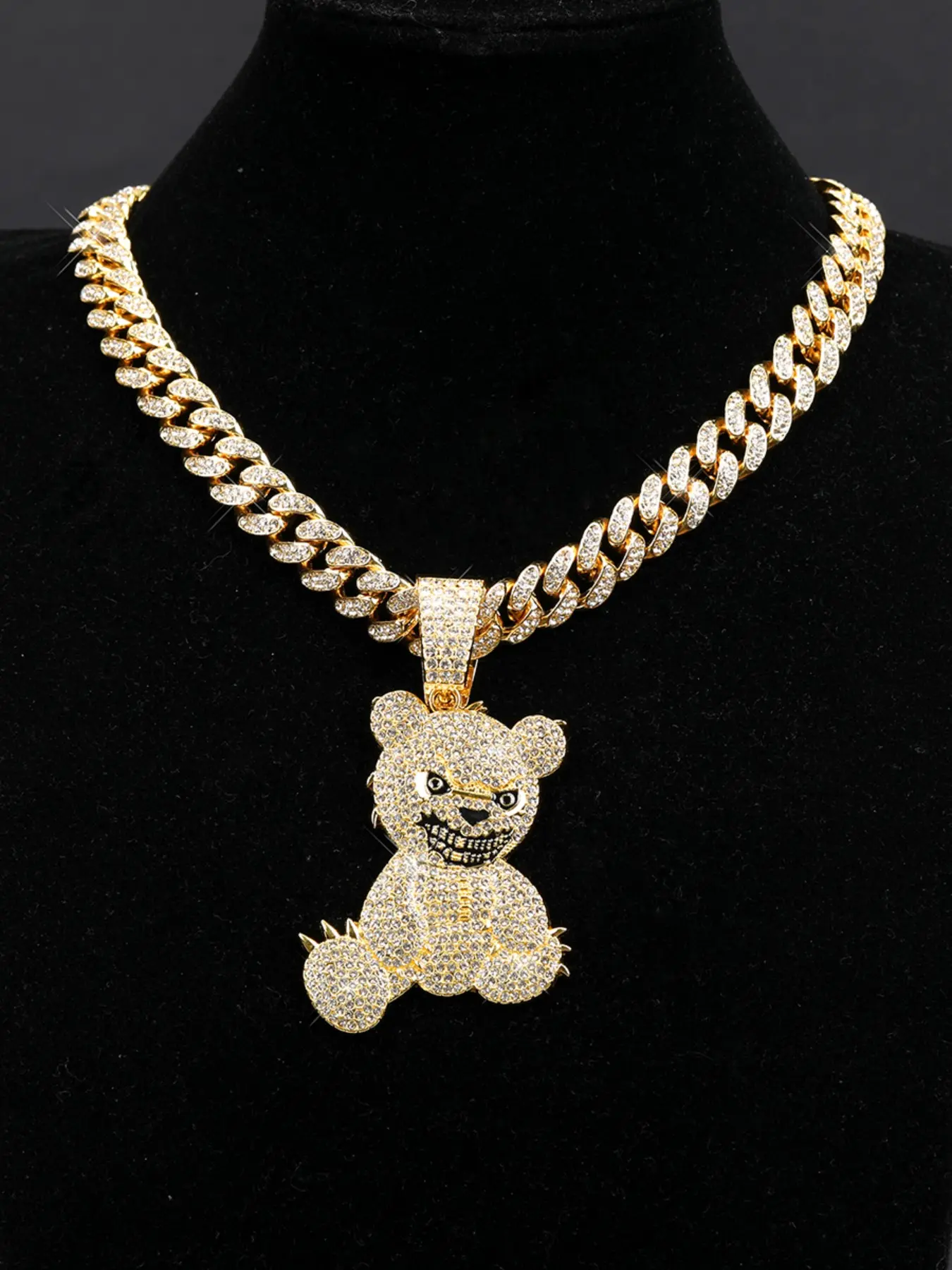 Trendy Bear Pendant Necklace Set, Alloy Rhinestone Full Bear Hip Hop Accessory, Versatile Fashion Street Dance Jewelry