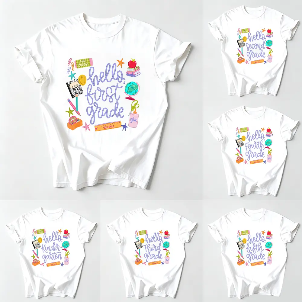 Vintage Graphic Tees Hello Grade Pre-K to 5th Grade School Supply Print Boho Back To School Teacher Student T Shirts Graphic Tops