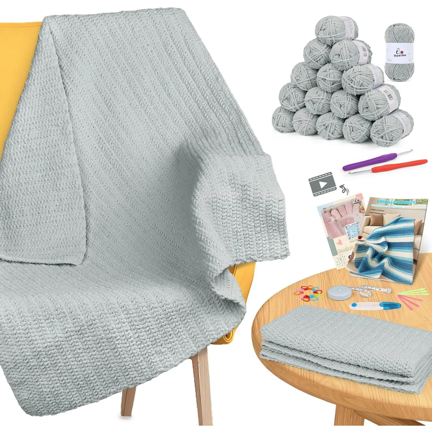 Aeelike Blanket Crochet Kit for Beginners, Easy Crochet Blanket Kit with Soft Chenille Yarns Detailed Instruction Crocheting Accessories Complete Beginners Crocheting Kits, Cyan-Gray