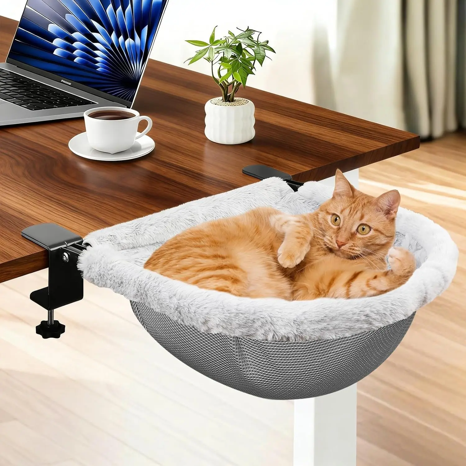 Cat Desk Hammock for Home Desk, 19in x15in Spacious Room Design, Dual Clamps, Sunken Shape, Removable Washable Faux Rabbit Fur Cover, Holds Up to 40lbs, Removable Cover