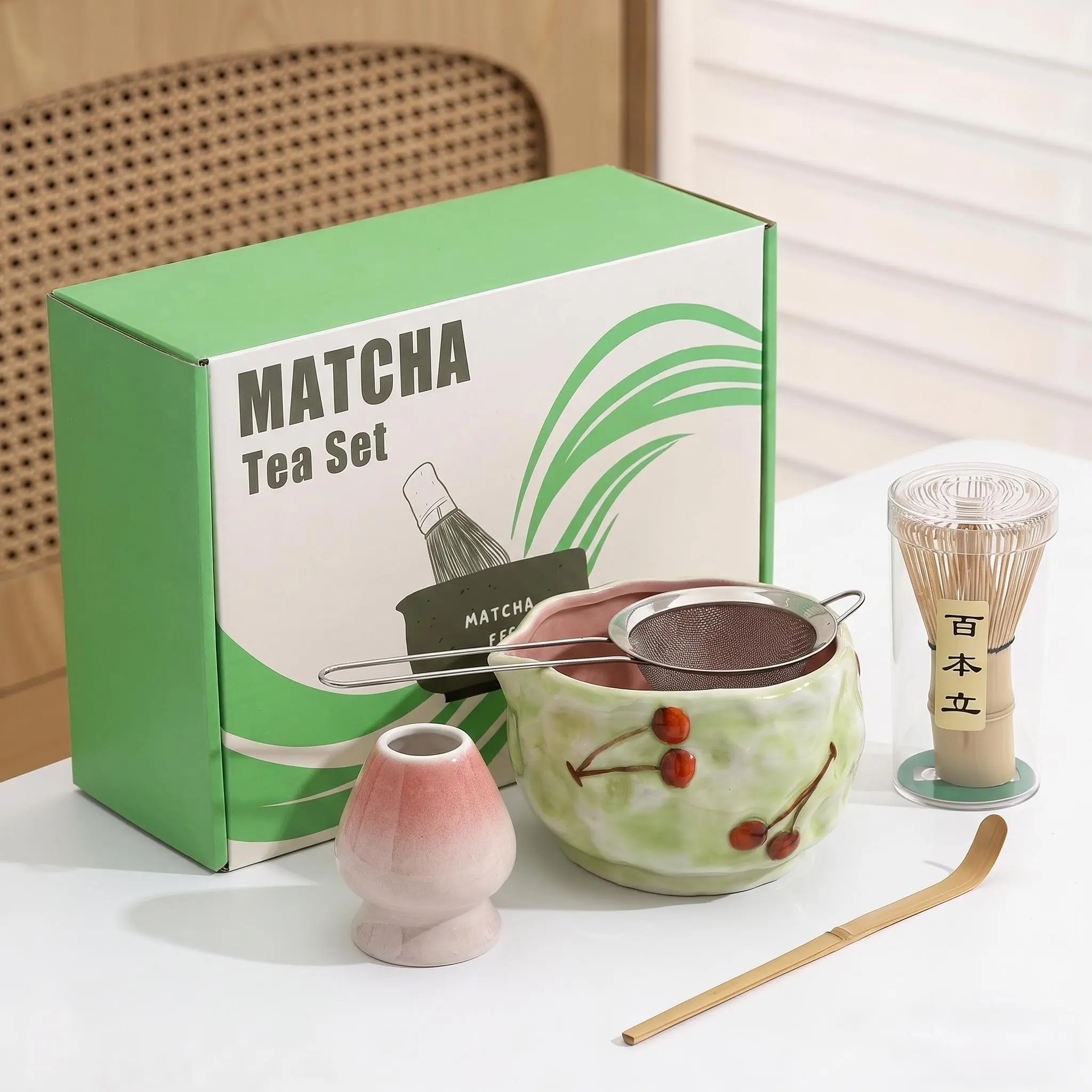 5-Piece Matcha Set with Heart Design, Includes Bowl, Bamboo Whisk, Spoon, Ceramic Stand, Stainless Steel Sieve, Perfect Gift for Christmas or Mother's Day