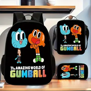 Water Resistant 3-Piece Kids Backpack Set, The Amazing World of Gumball Gumball Darwin Black Background Cartoon Print School Bag with Insulated Lunch Bag & Pencil Case, Breathable Padded Straps, Fits 15-inch Laptop Oxford Travel Kit
